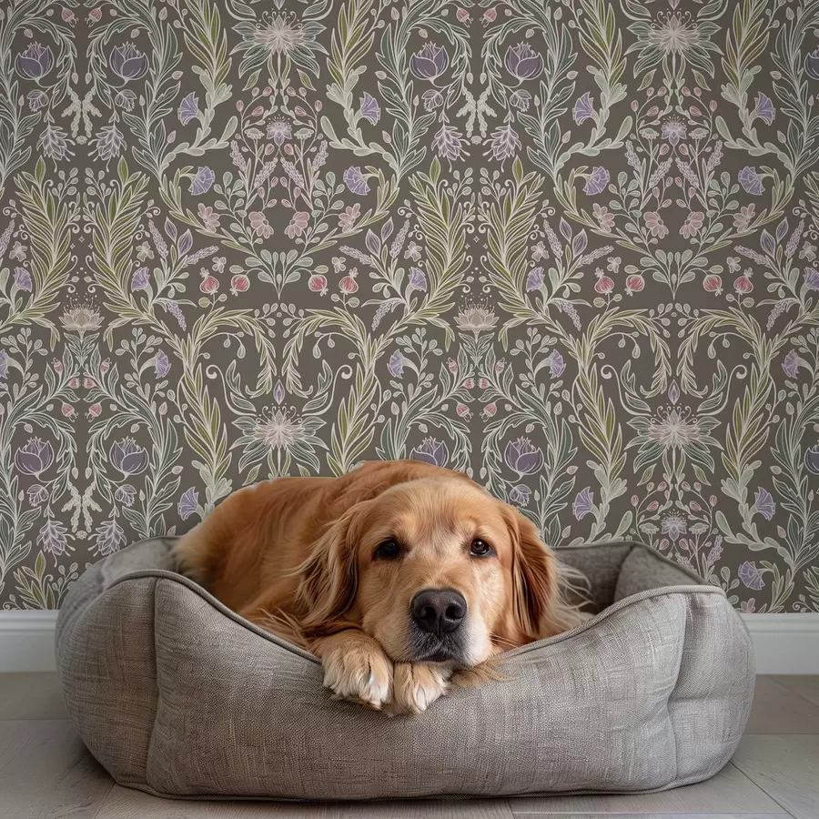murales de pared Flores y hojas simétricas sobre un fondo gris marrón. a00928v2