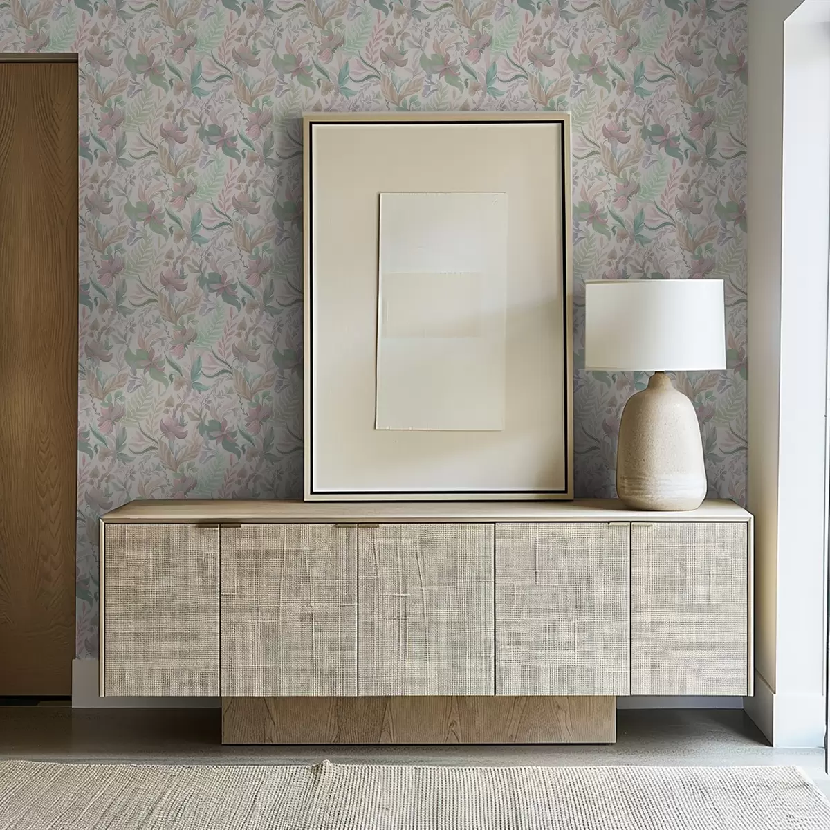 Papel pintado Delicadas flores y hojas en tonos pastel sobre un fondo claro. a00931