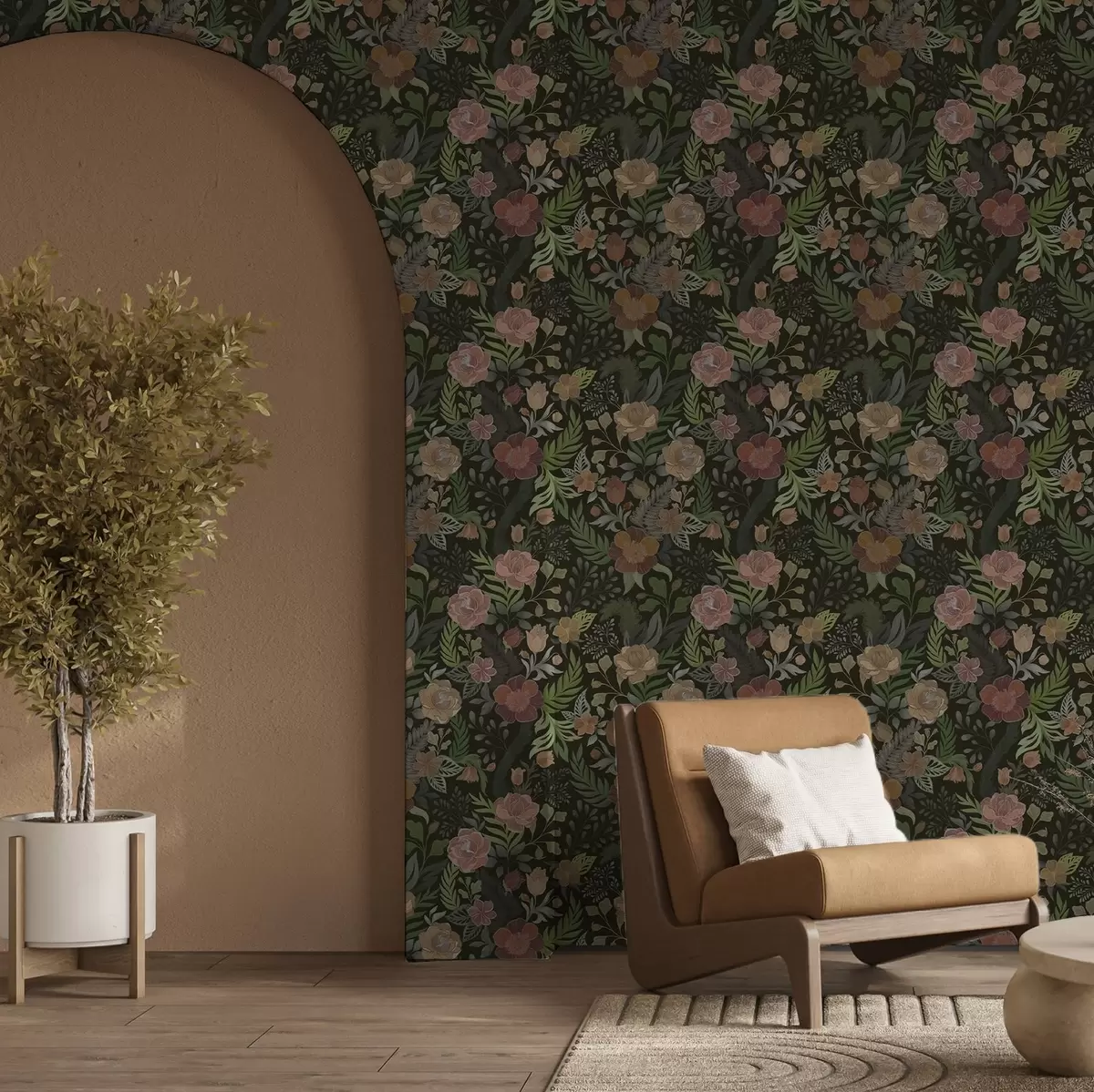 Papel pintado Ricas flores y vegetación sobre un fondo oscuro intenso. a00932