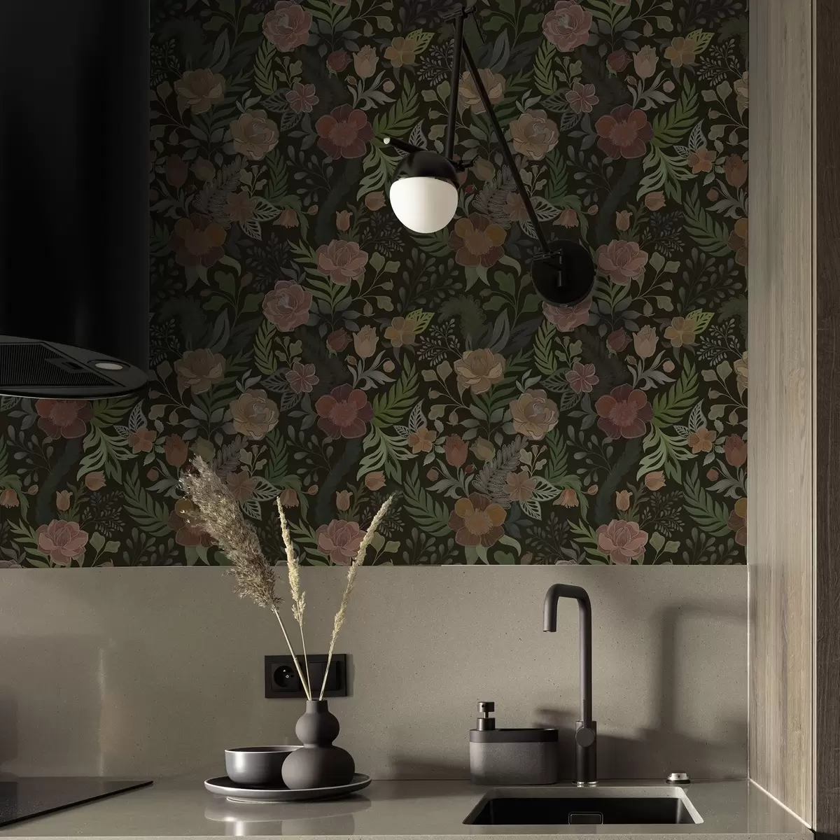 Papel pintado Ricas flores y vegetación sobre un fondo oscuro intenso. a00932