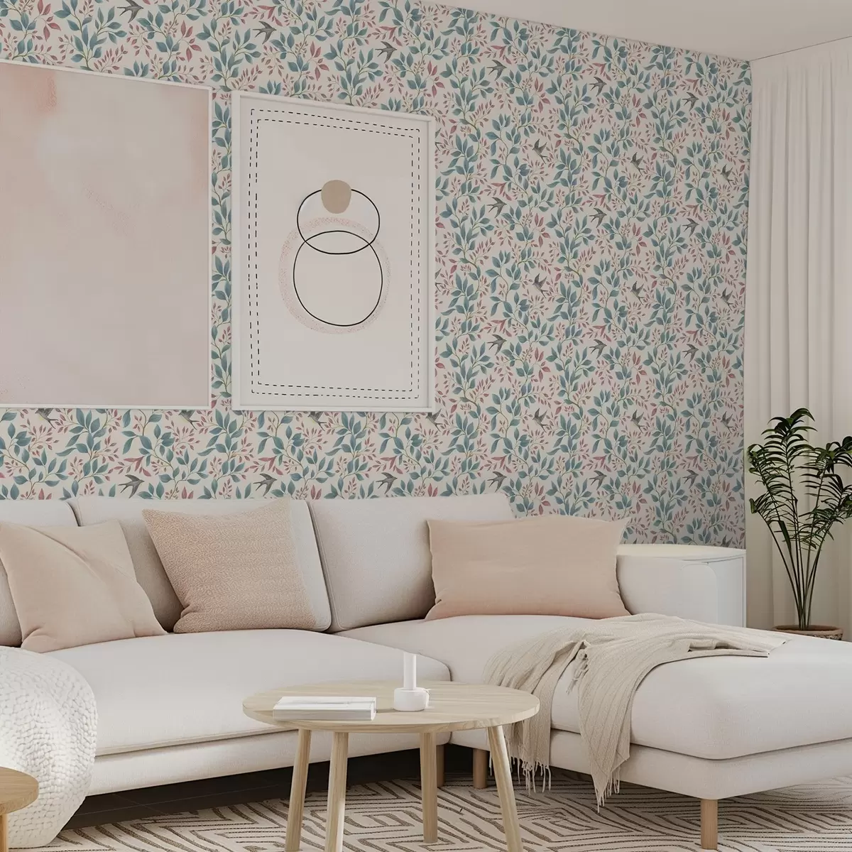 Papel pintado Ramitas azules y rosas con pájaros sobre fondo crema. a00933