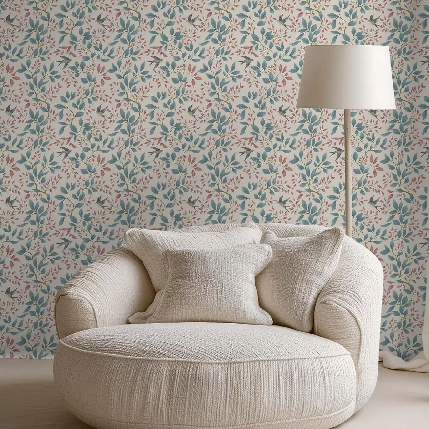 murales de pared Ramitas azules y rosas con pájaros sobre fondo crema. a00933