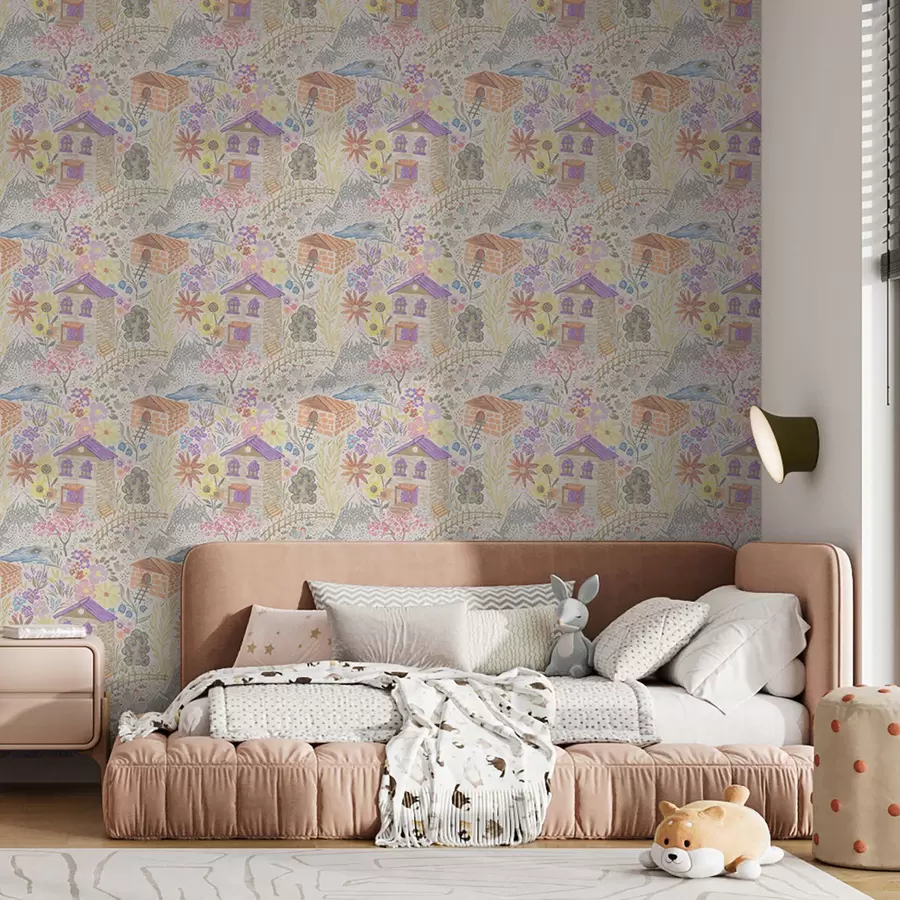 murales de pared Dibujo infantil de un pueblo con una casa, montañas y flores. a00952