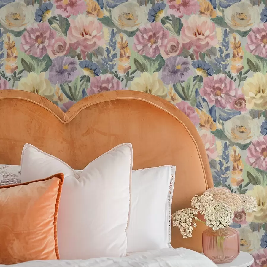 murales de pared Flores difuminadas con pincel en tonos pastel, paleta de colores suaves. a00954