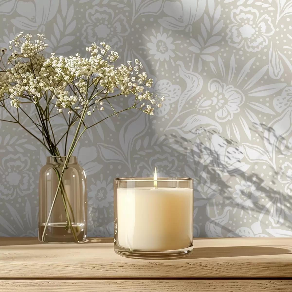 Papel pintado Adorno floral lineal blanco sobre fondo beige. a00956