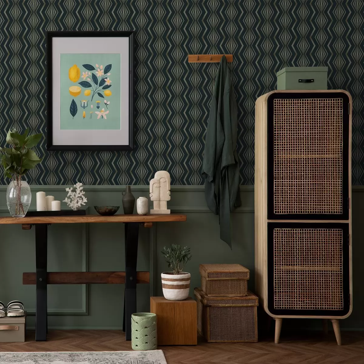 Papel pintado Patrón geométrico de rombos en color verde azulado oscuro a00973v1