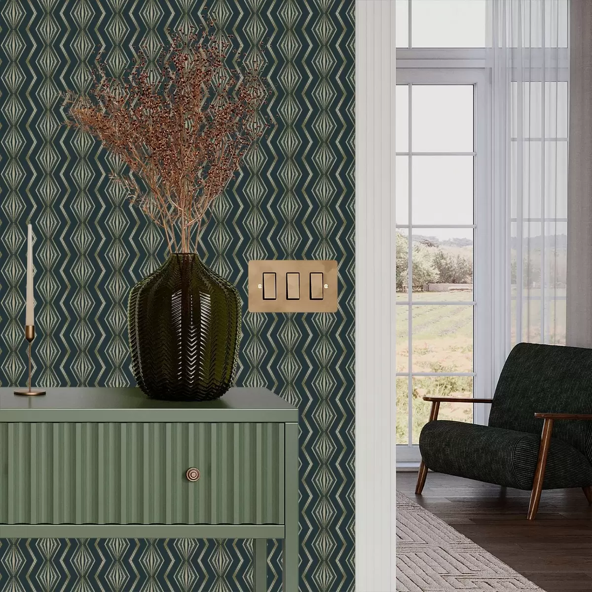 Papel pintado Patrón geométrico de rombos en color verde azulado oscuro a00973v1
