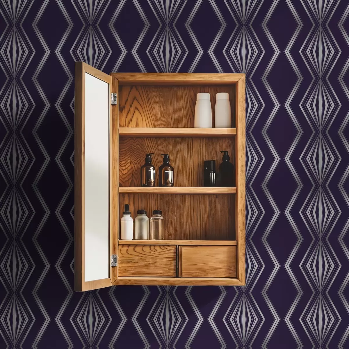 Papel pintado Fondo violeta intenso con diamantes y líneas grises en zigzag. a00974v1