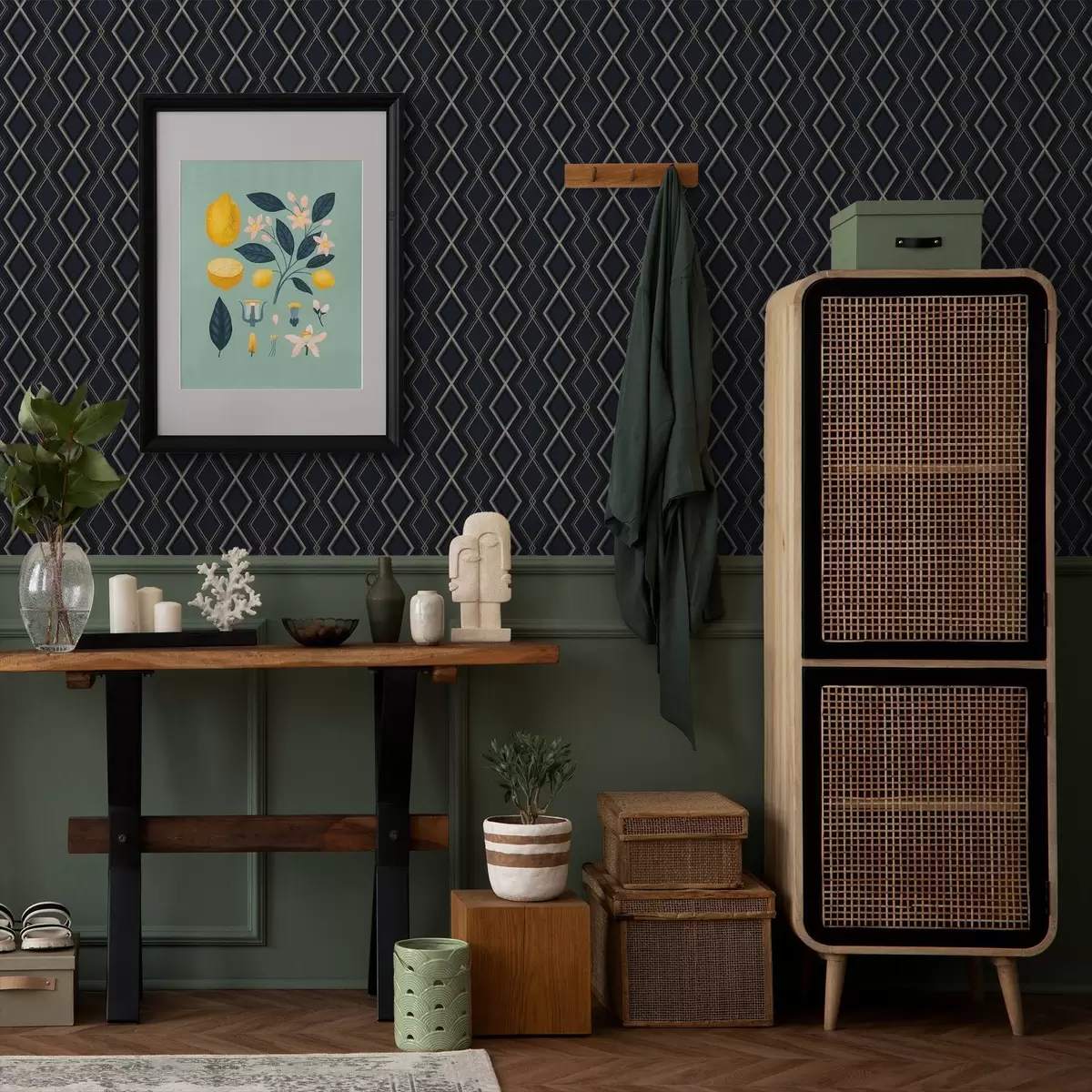 Papel pintado Cuadrícula de rombos azul oscuro con finas líneas claras a00975