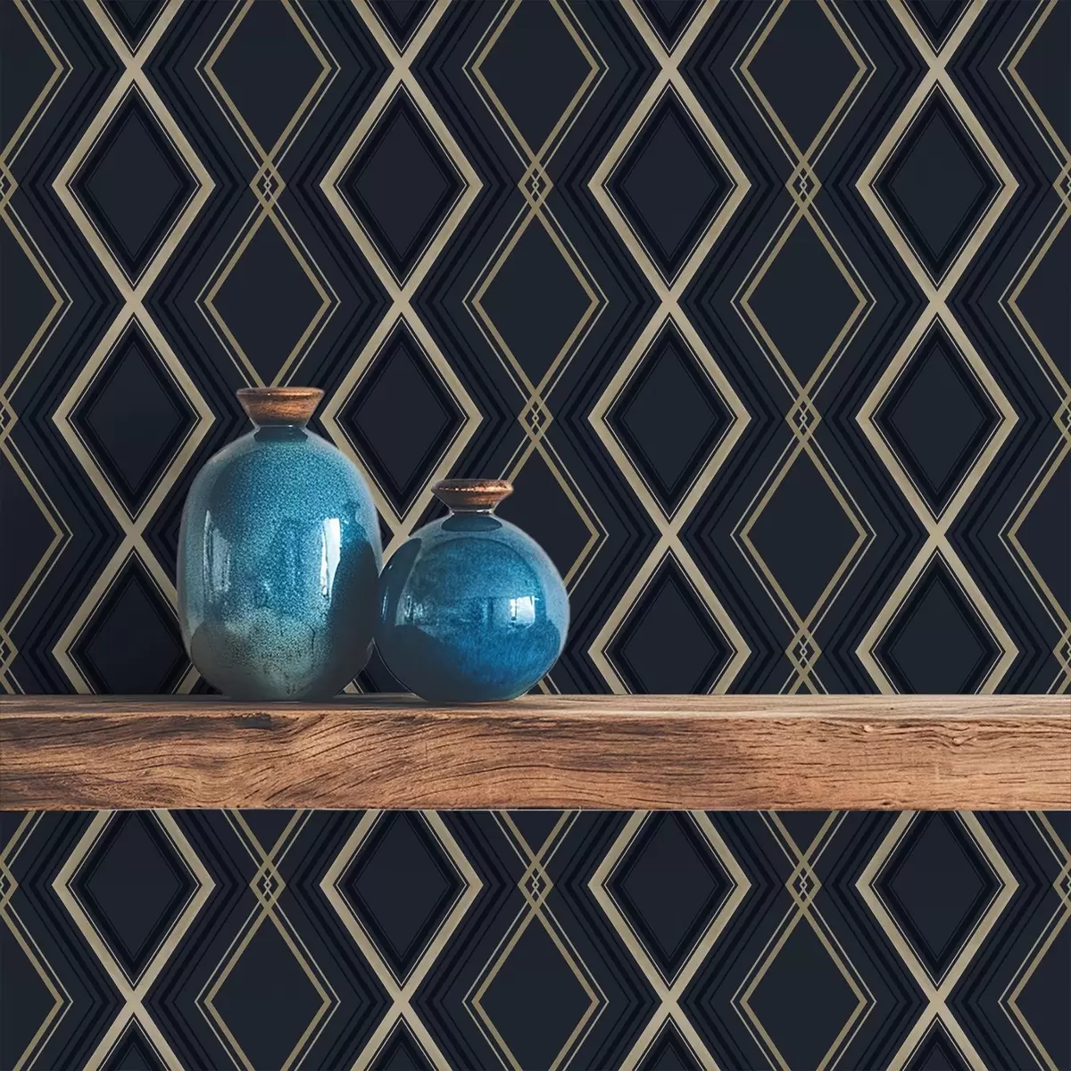 Papel pintado Cuadrícula de rombos azul oscuro con finas líneas claras a00975