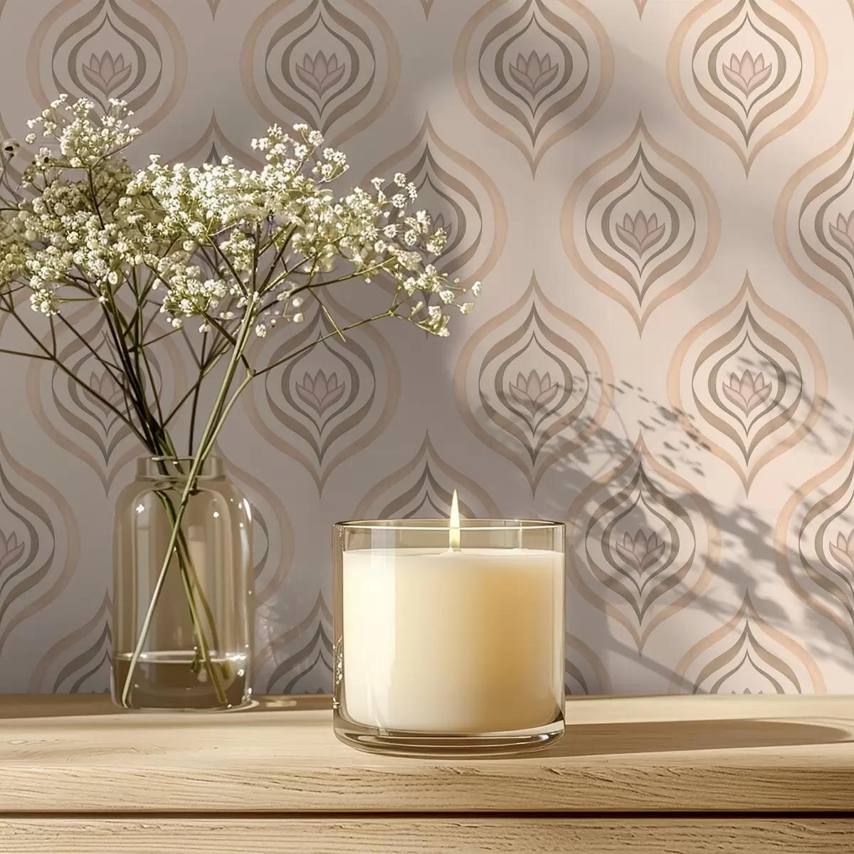 Papel pintado Motivos de gotas en polvo con una flor sobre un fondo cálido. a00977v2