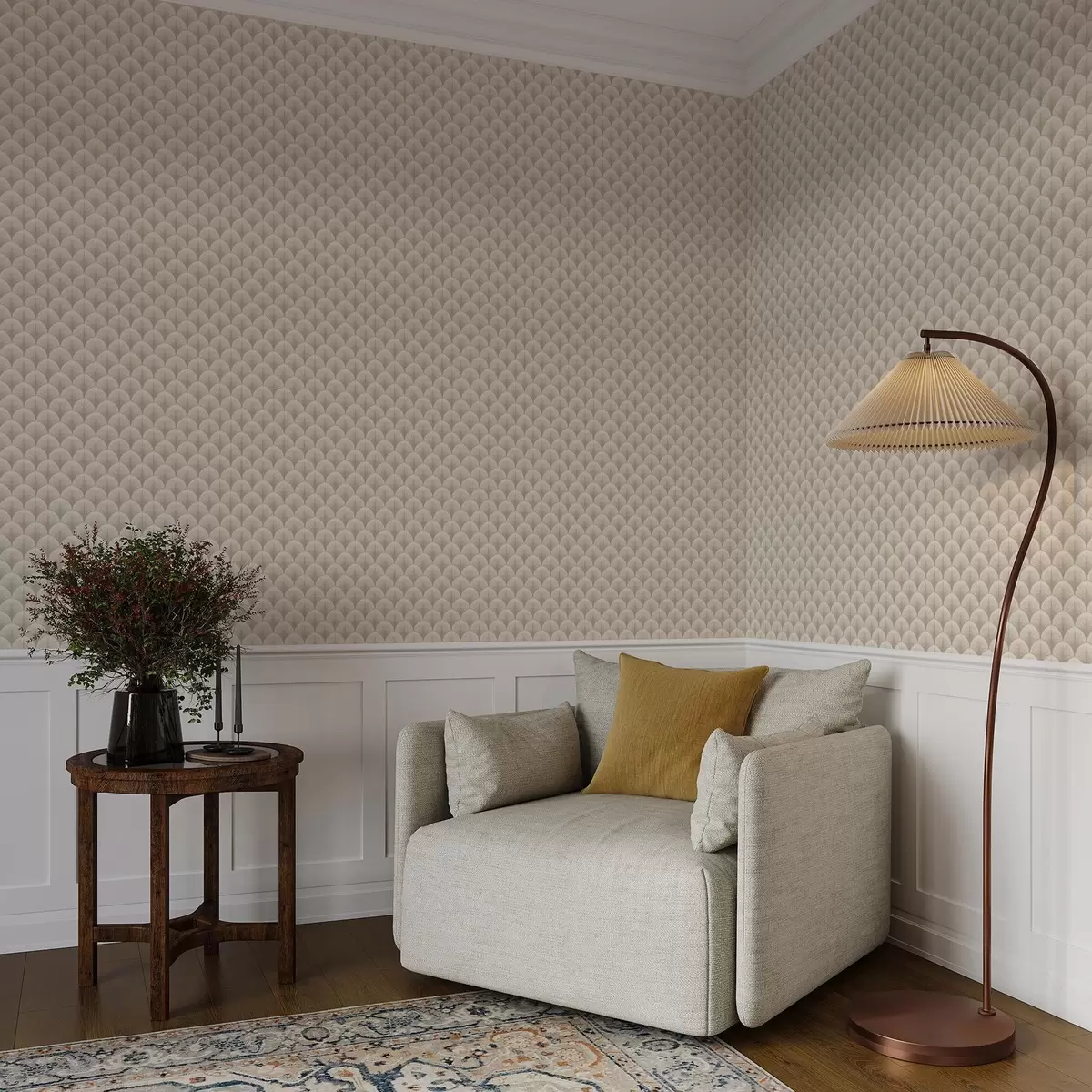 Papel pintado Arcos de abanico beige con rayos finos sobre un fondo claro. a00978