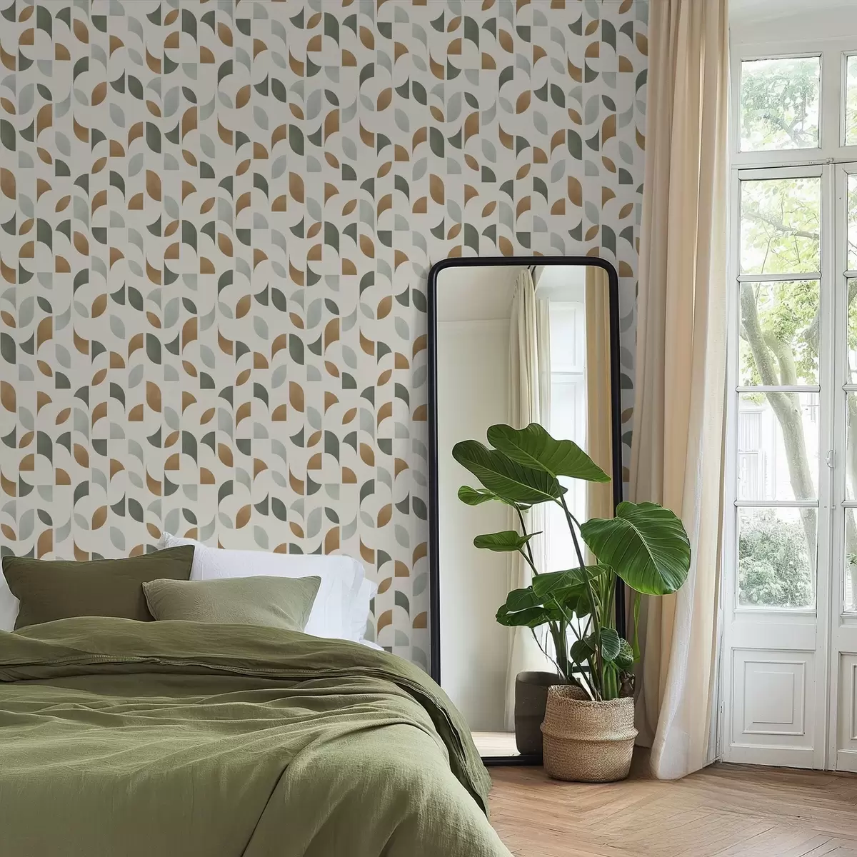 Papel pintado Medios círculos y hojas abstractos en verde y terracota. a00985