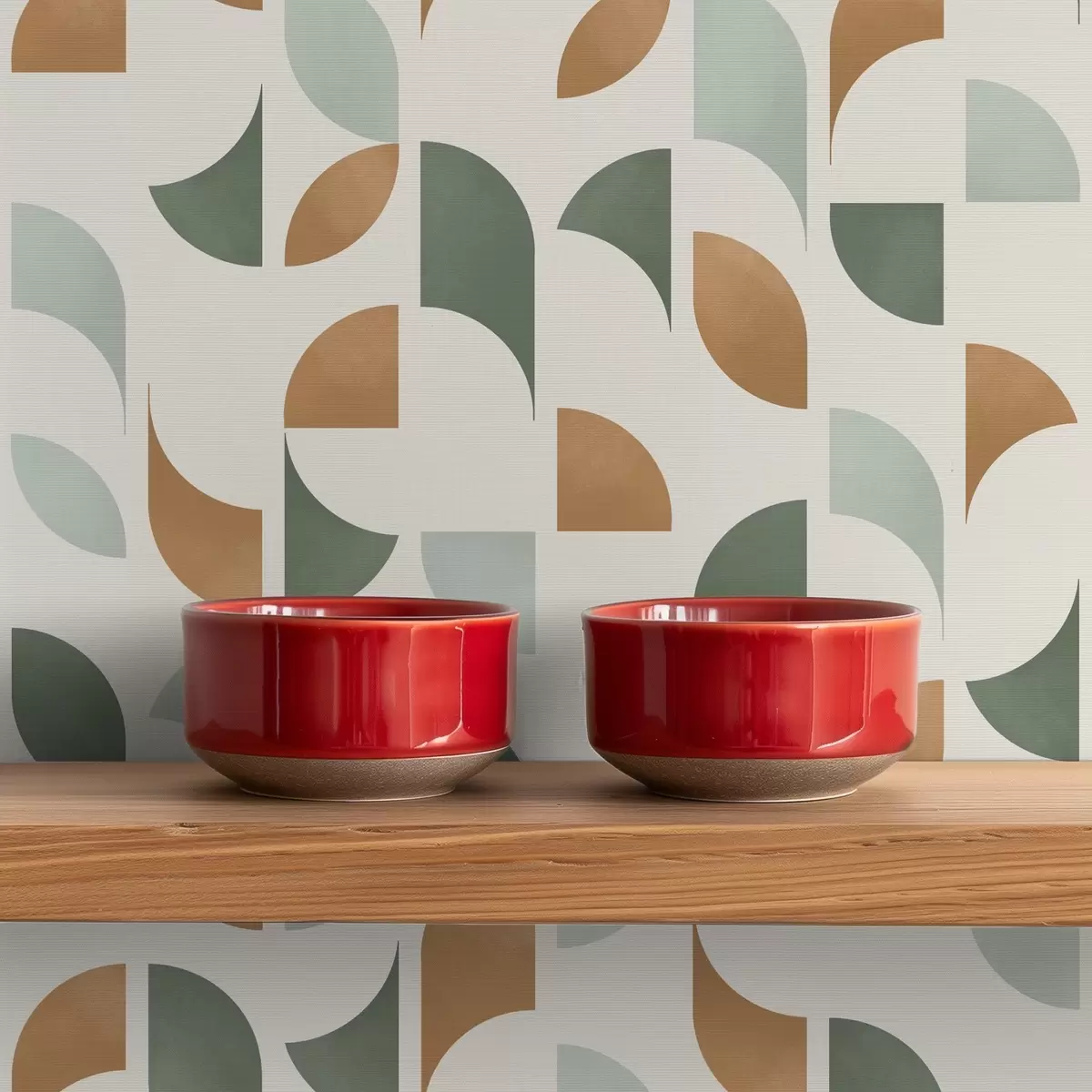 Papel pintado Medios círculos y hojas abstractos en verde y terracota. a00985