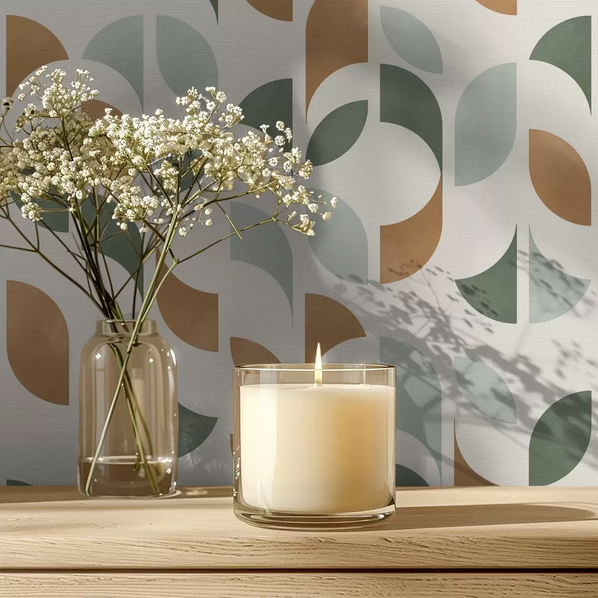 Papel pintado Columnas verticales de medias lunas y hojas, verde-terracota a00986