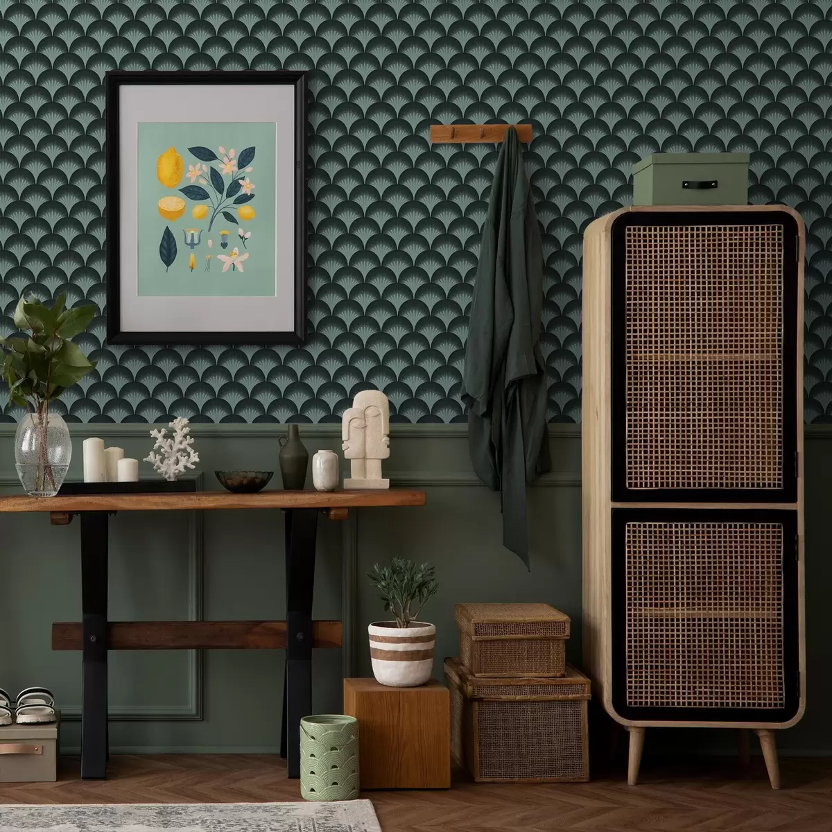 Papel pintado Contrastantes abanicos de menta sobre un fondo casi negro. a00990