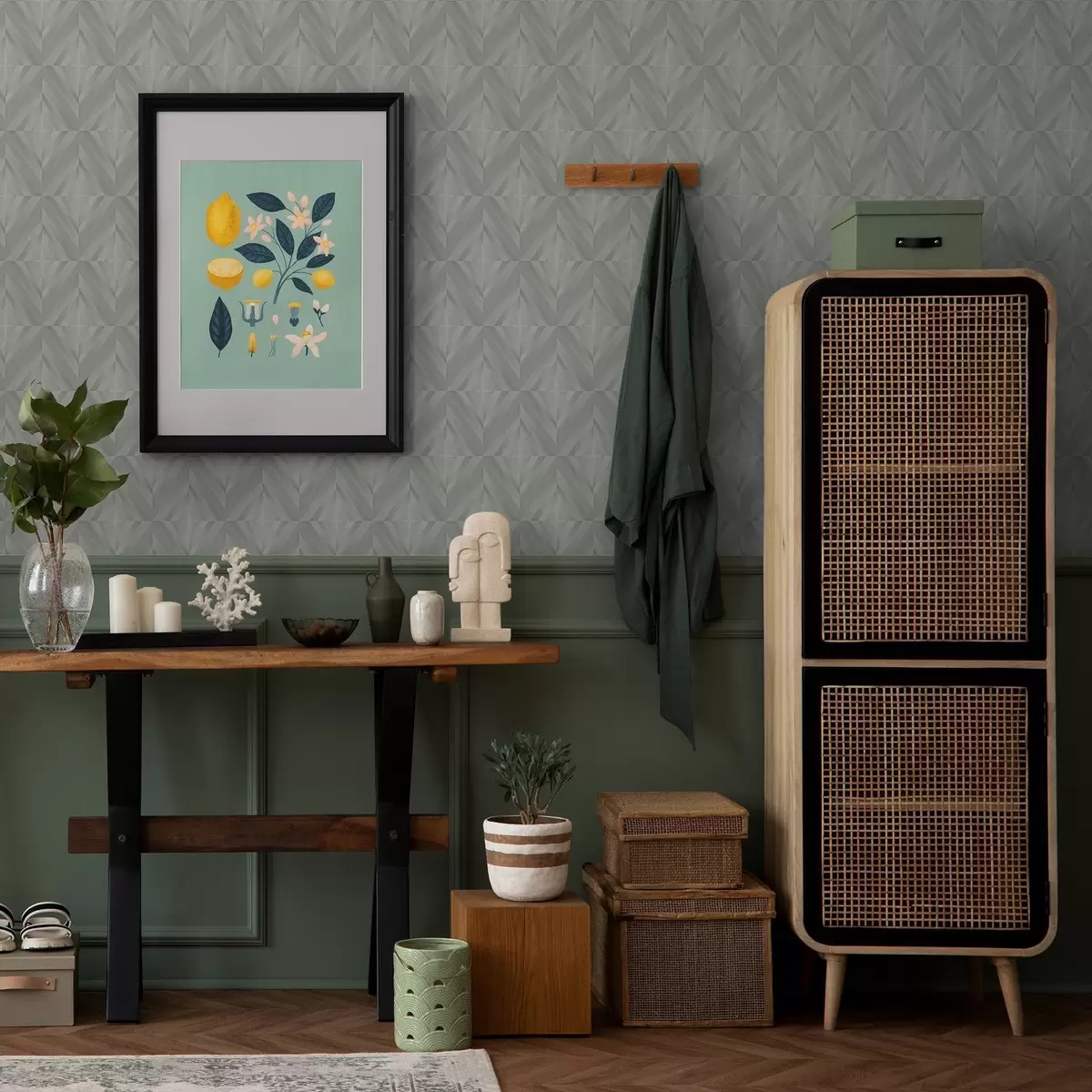 Papel pintado Trazos diagonales que forman cuadrados en una paleta de colores gris menta. a00983v1