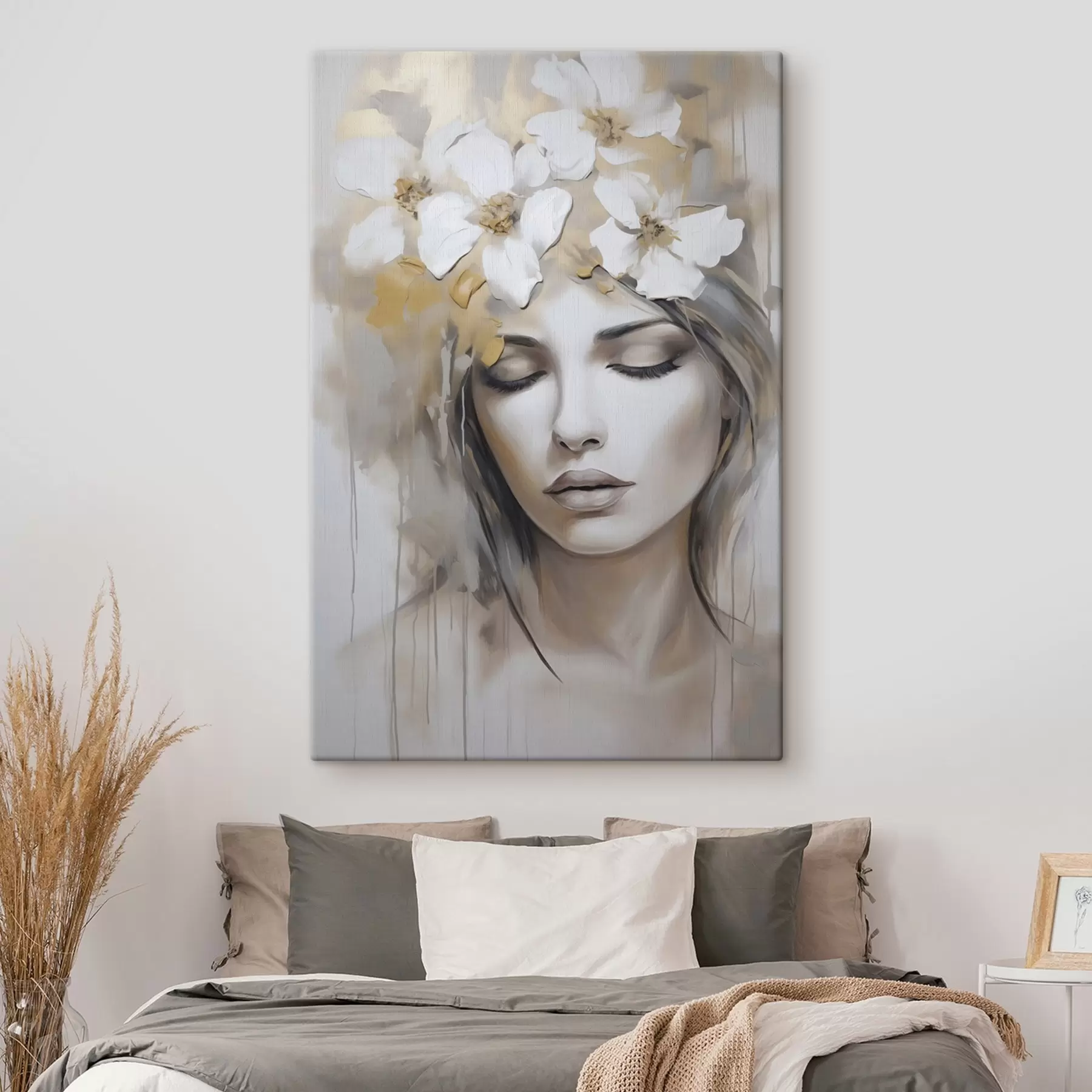 murales de pared Retrato abstracto de una niña con flores, imitación de pintura s46756