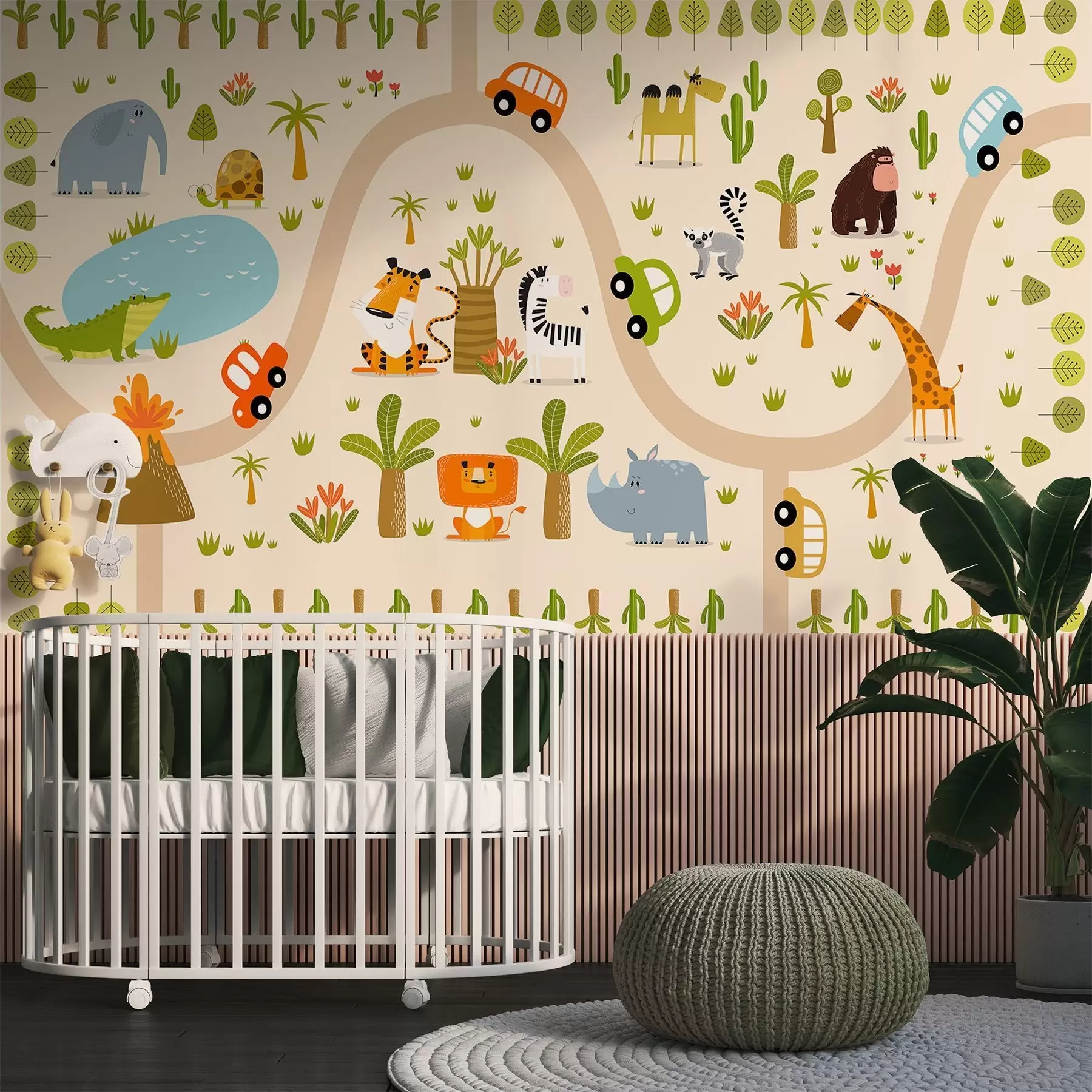 murales de pared Safari con animales y coches w04931