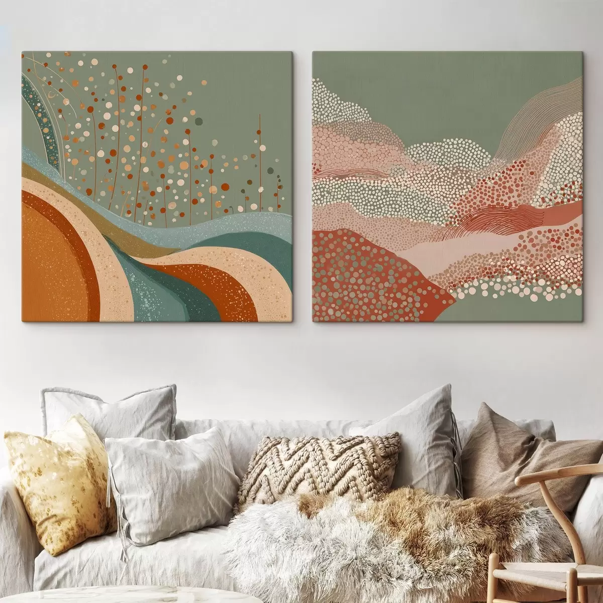 murales de pared Paisaje abstracto en dos partes con elementos punteados y ondulados. m00987