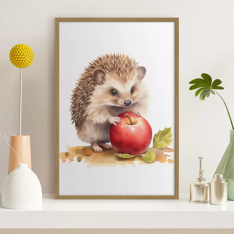 murales de pared Erizo y manzana, imitación acuarela f46769