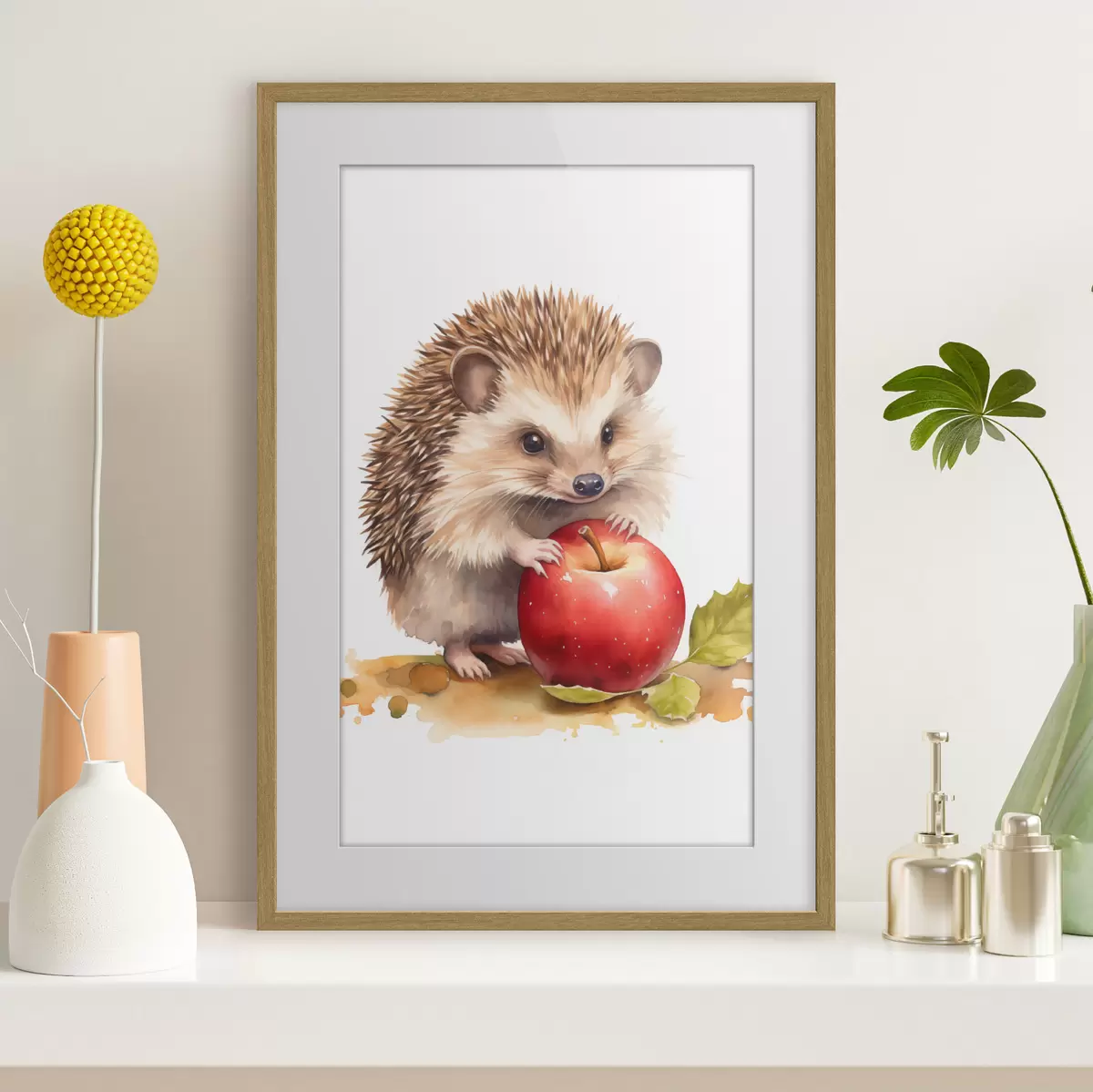 Poster Erizo y manzana, imitación acuarela f46769