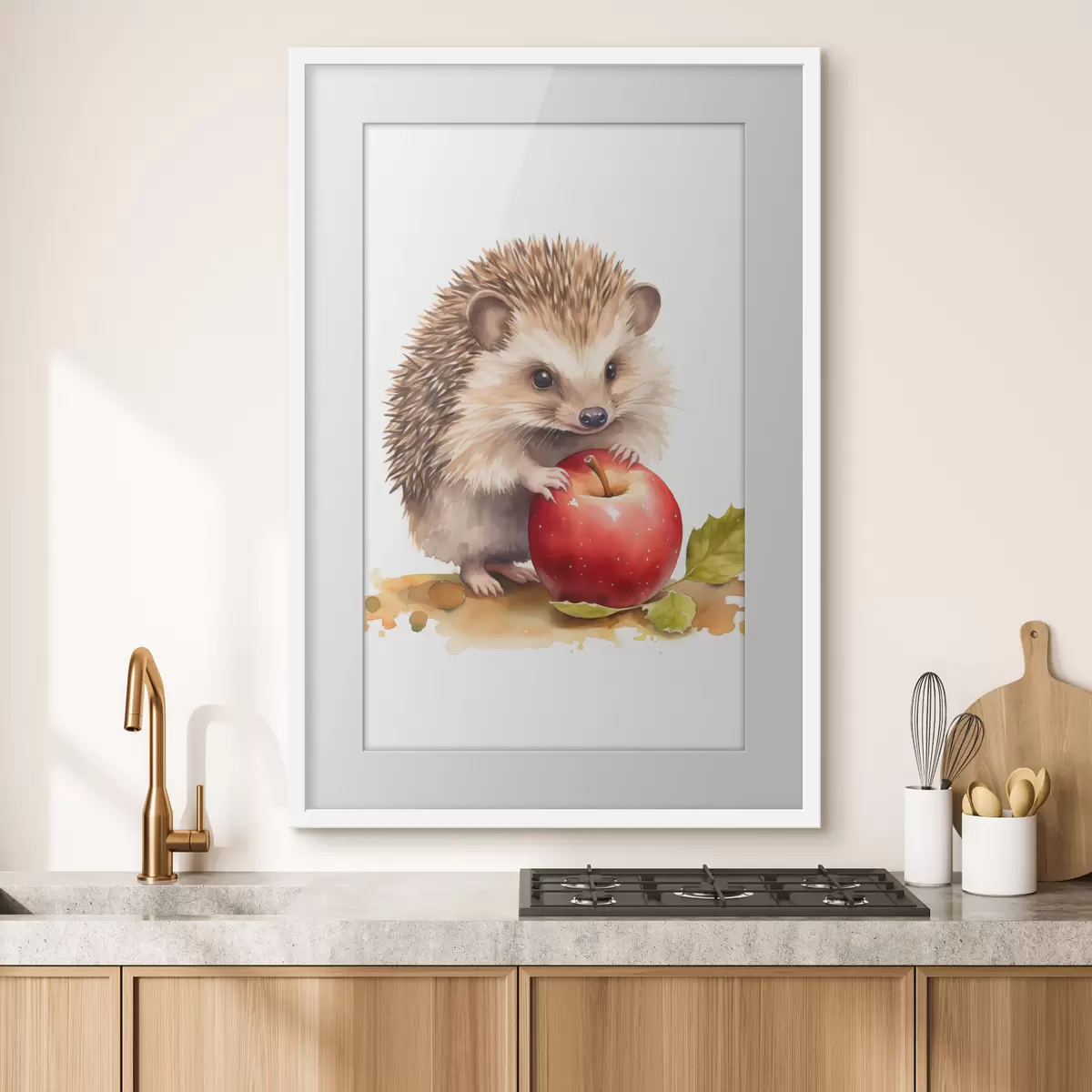 Poster Erizo y manzana, imitación acuarela f46769