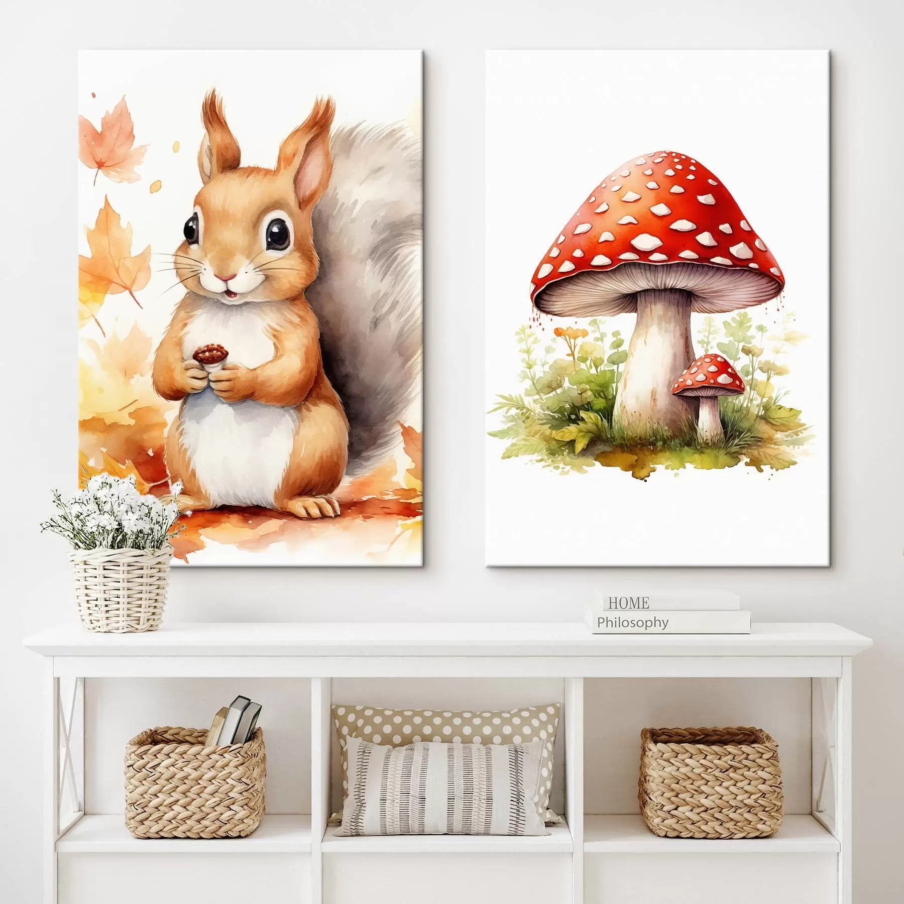 murales de pared Ardilla y seta del bosque, amanita muscaria, imitación de acuarela. m01049