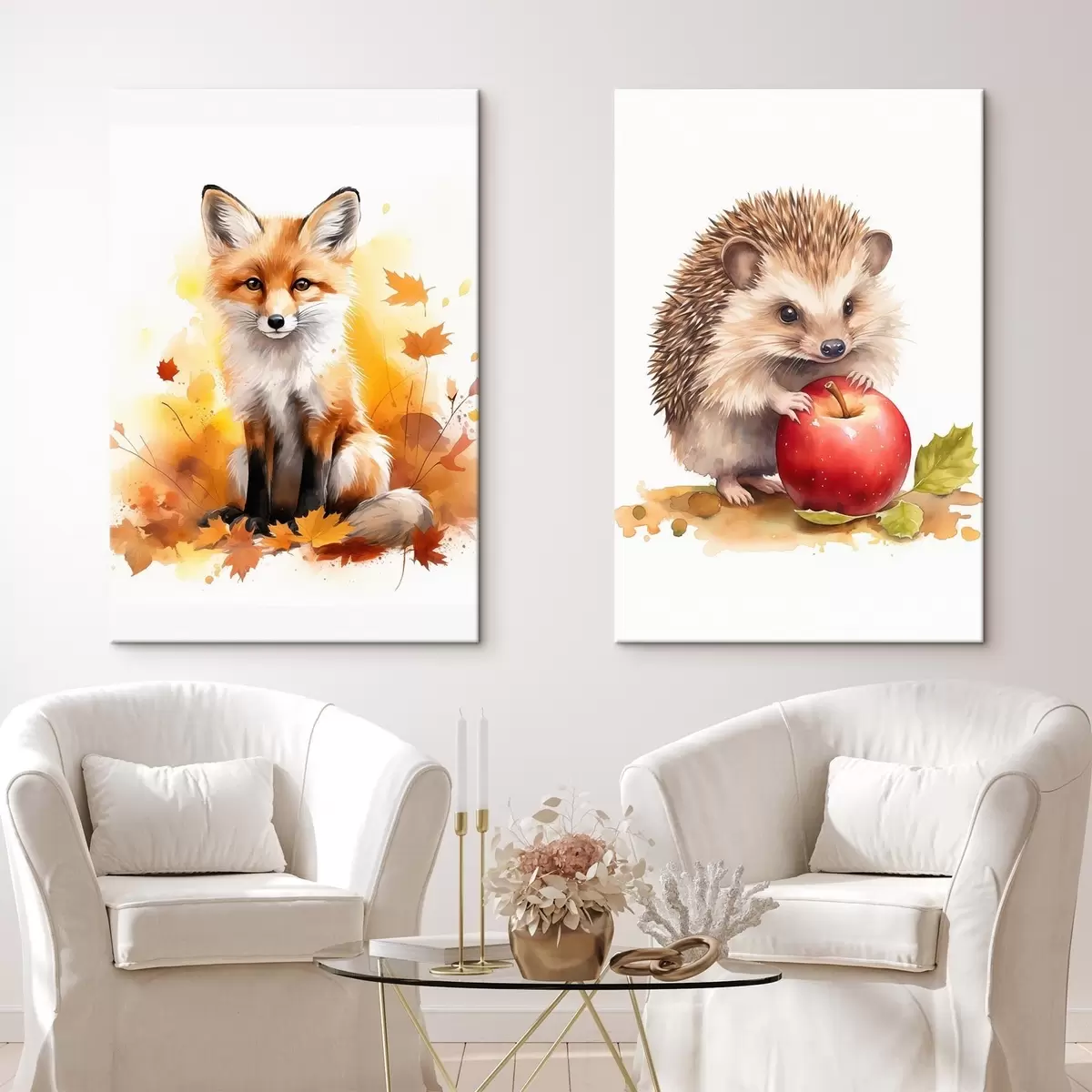 murales de pared Zorro y erizo, imitación acuarela m01050