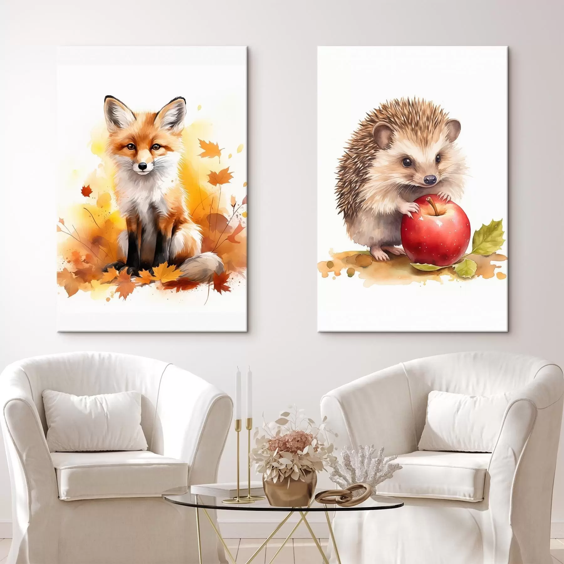 murales de pared Zorro y erizo, imitación acuarela m01050