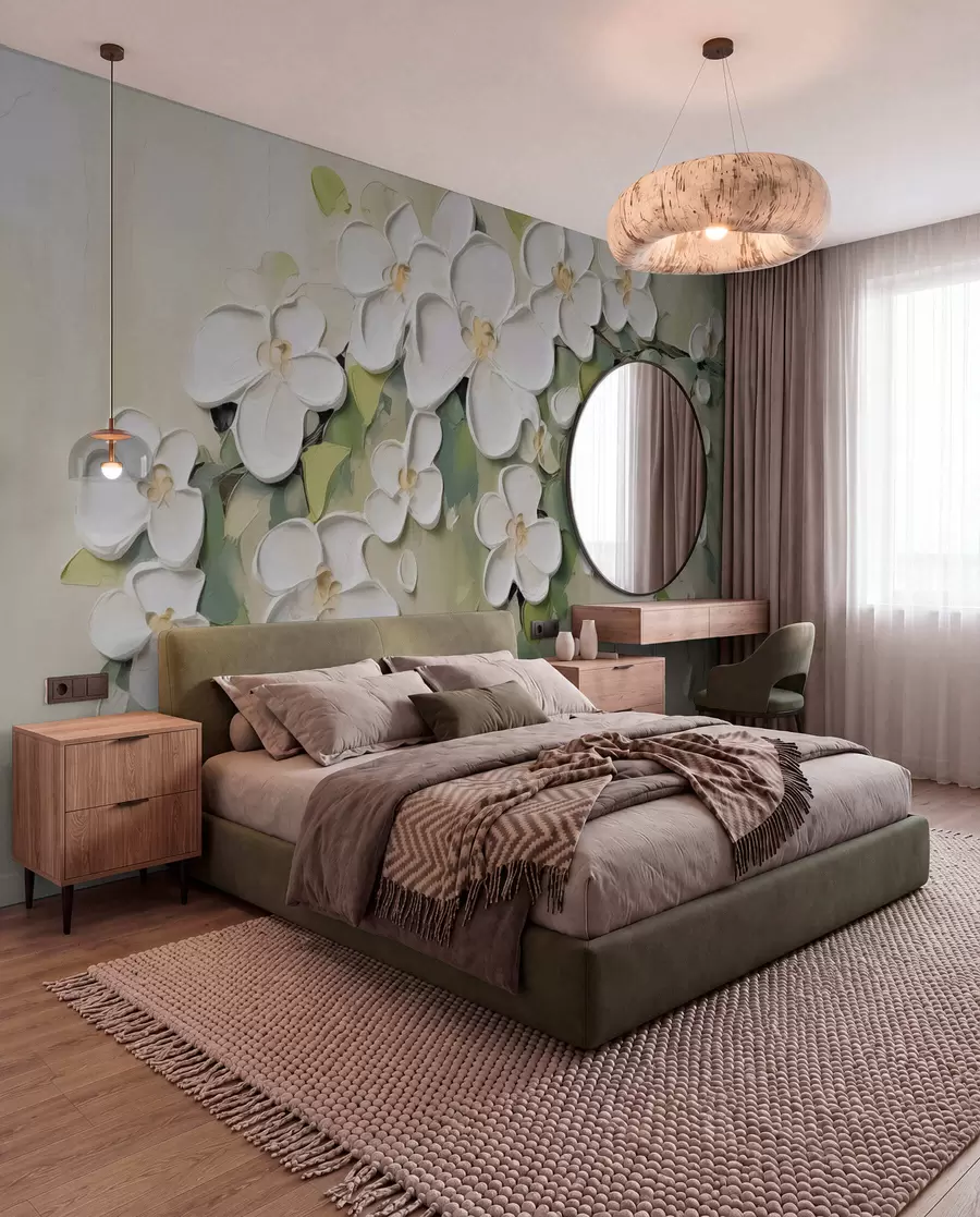 murales de pared Flores blancas en verde oliva w04978