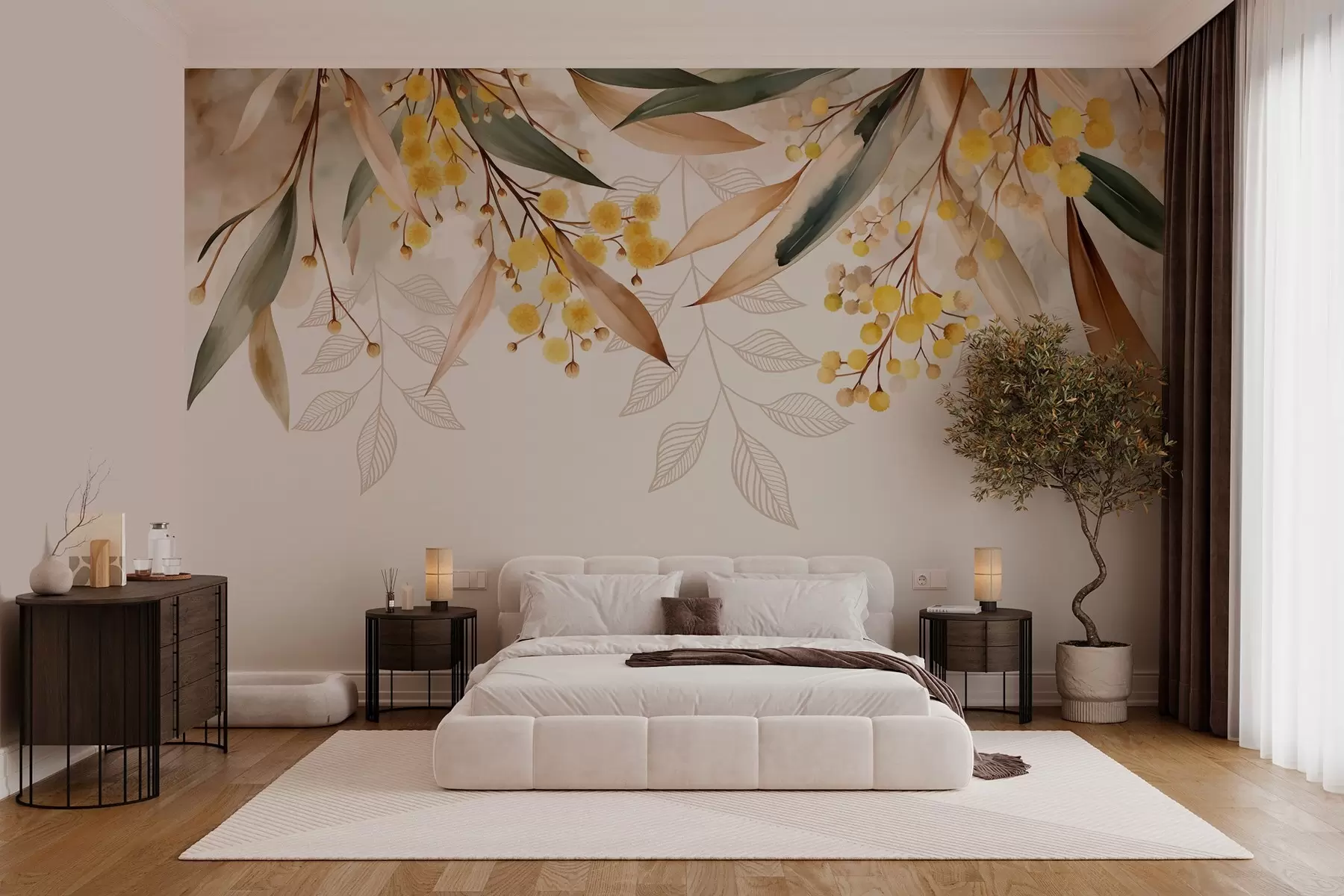 murales de pared flores y hojas de mimosa cayendo desde arriba en estilo acuarela w04880