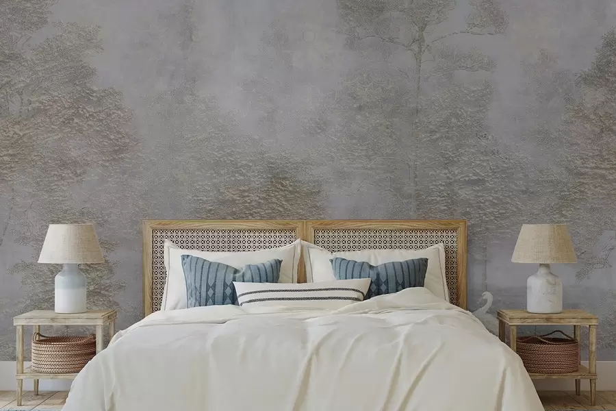 murales de pared Bosque brumoso con una garza blanca y textura suave. w04953