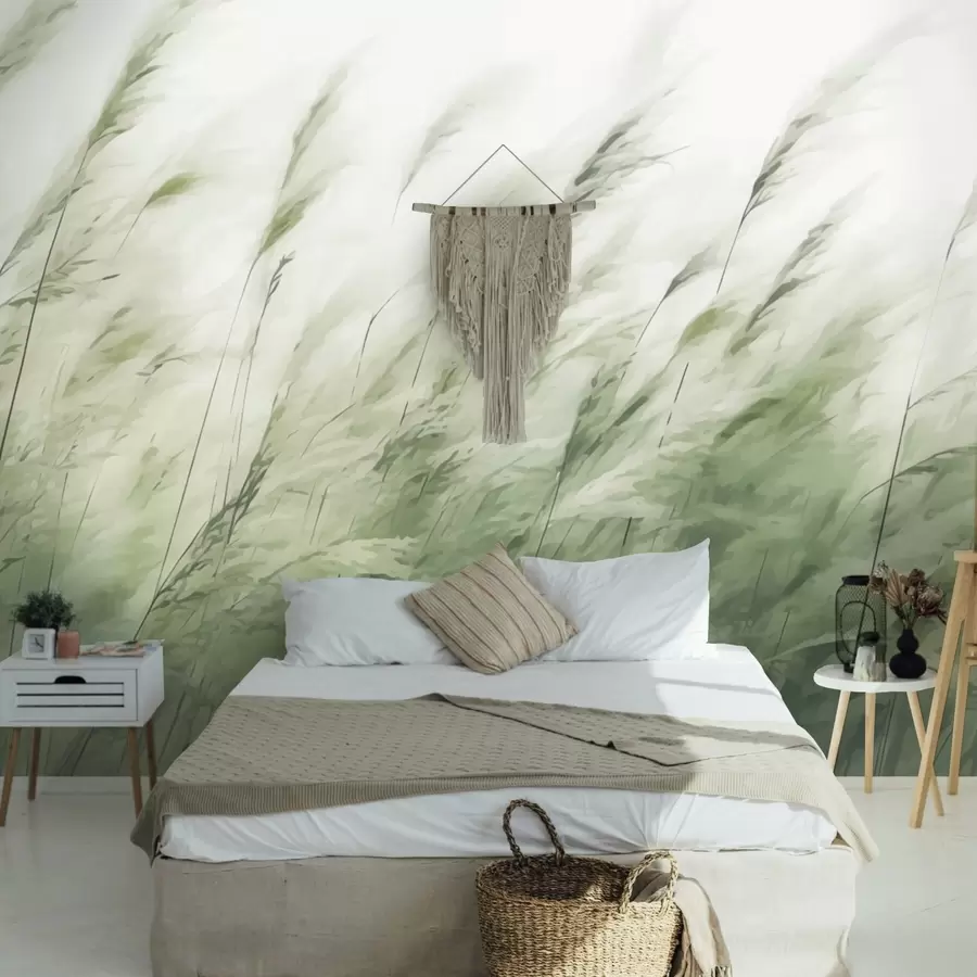murales de pared Hierbas ligeras al viento, suaves trazos verdes y blancos. w04957