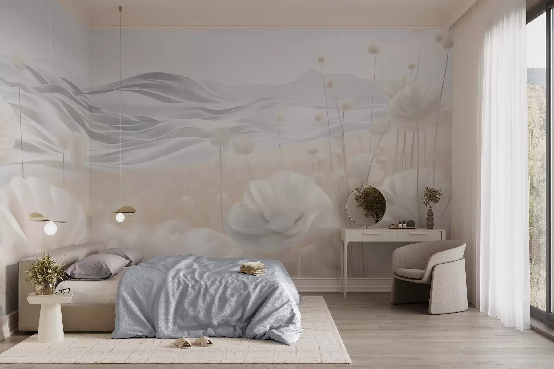 murales de pared Campo texturizado de amapolas cremosas con colinas onduladas bajo un cielo azul pálido con nubes suaves, colores pastel. w09553