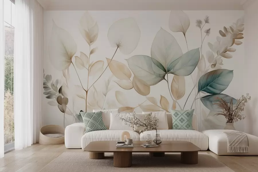 murales de pared Hojas translúcidas con textura en tonos apagados de beige y verde azulado, con tallos delicados sobre un fondo suave y claro w09583