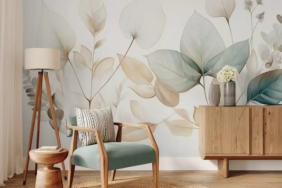 murales de pared Hojas translúcidas con textura en tonos apagados de beige y verde azulado, con tallos delicados sobre un fondo suave y claro w09583