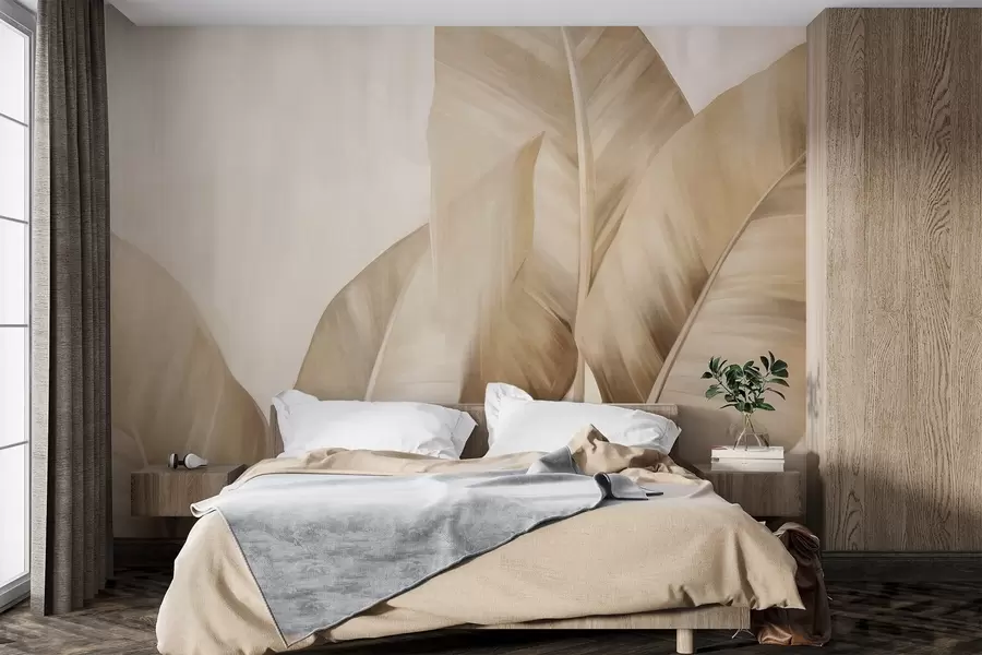 murales de pared Hojas de plátano grandes y texturizadas de color marrón claro sobre un fondo beige claro, con una estética suave y minimalista w09586