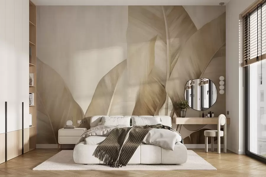murales de pared Hojas de plátano grandes y texturizadas de color marrón claro sobre un fondo beige claro, con una estética suave y minimalista w09586