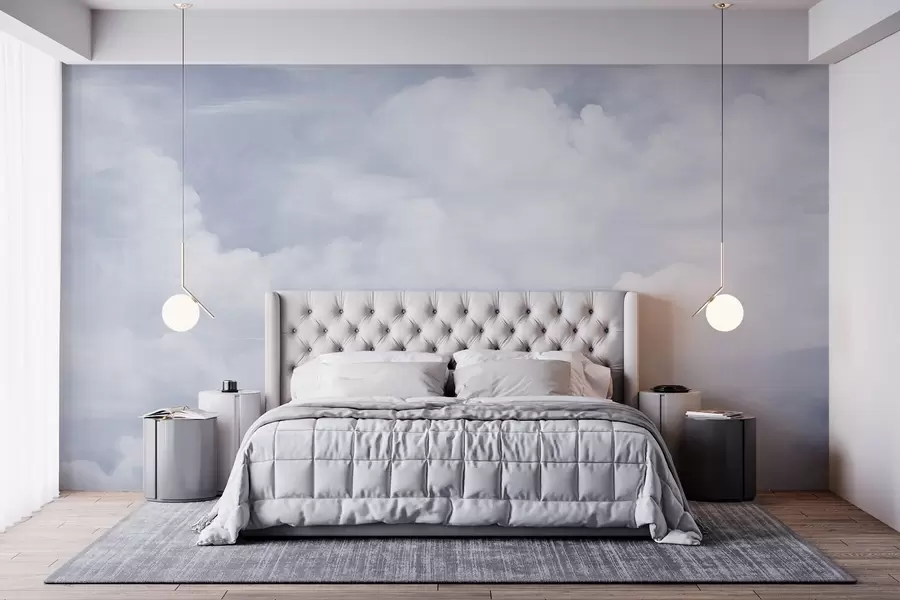 murales de pared Cielo con textura pastel lleno de nubes blancas con una estética suave y minimalista. w09589