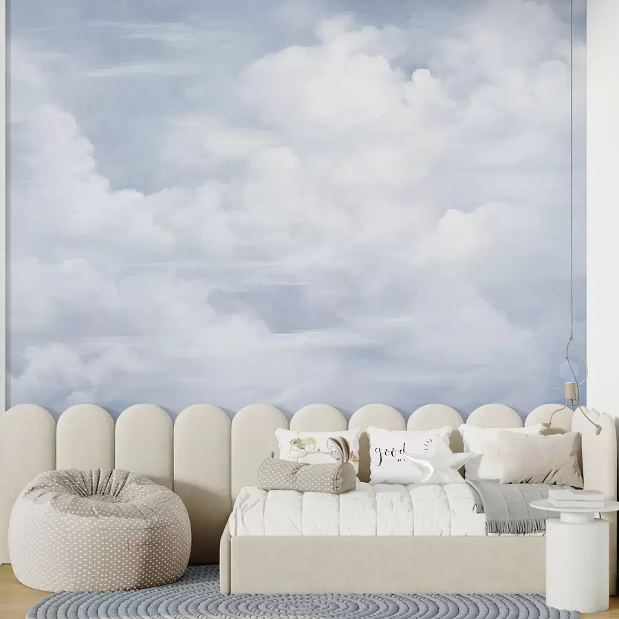 murales de pared Cielo con textura pastel lleno de nubes blancas con una estética suave y minimalista. w09589