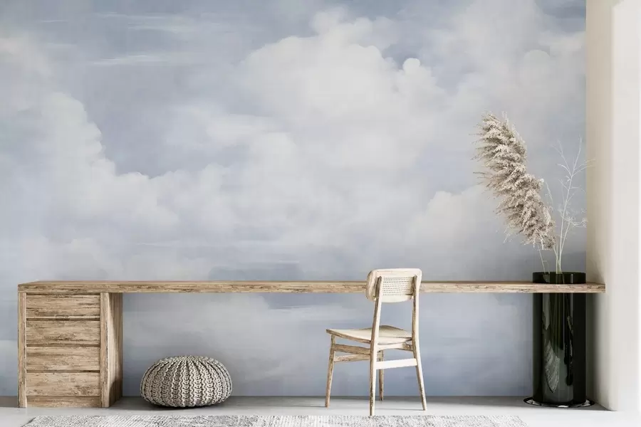 murales de pared Cielo con textura pastel lleno de nubes blancas con una estética suave y minimalista. w09589