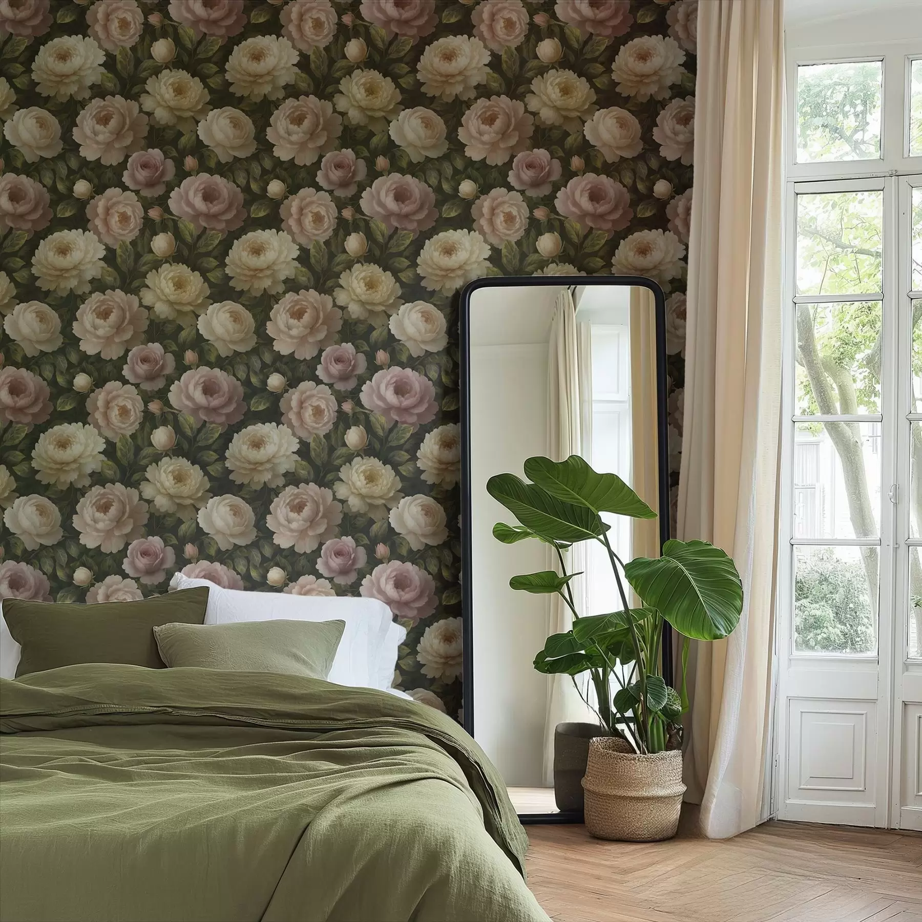 murales de pared Románticas peonías sobre un fondo botánico oscuro a00893