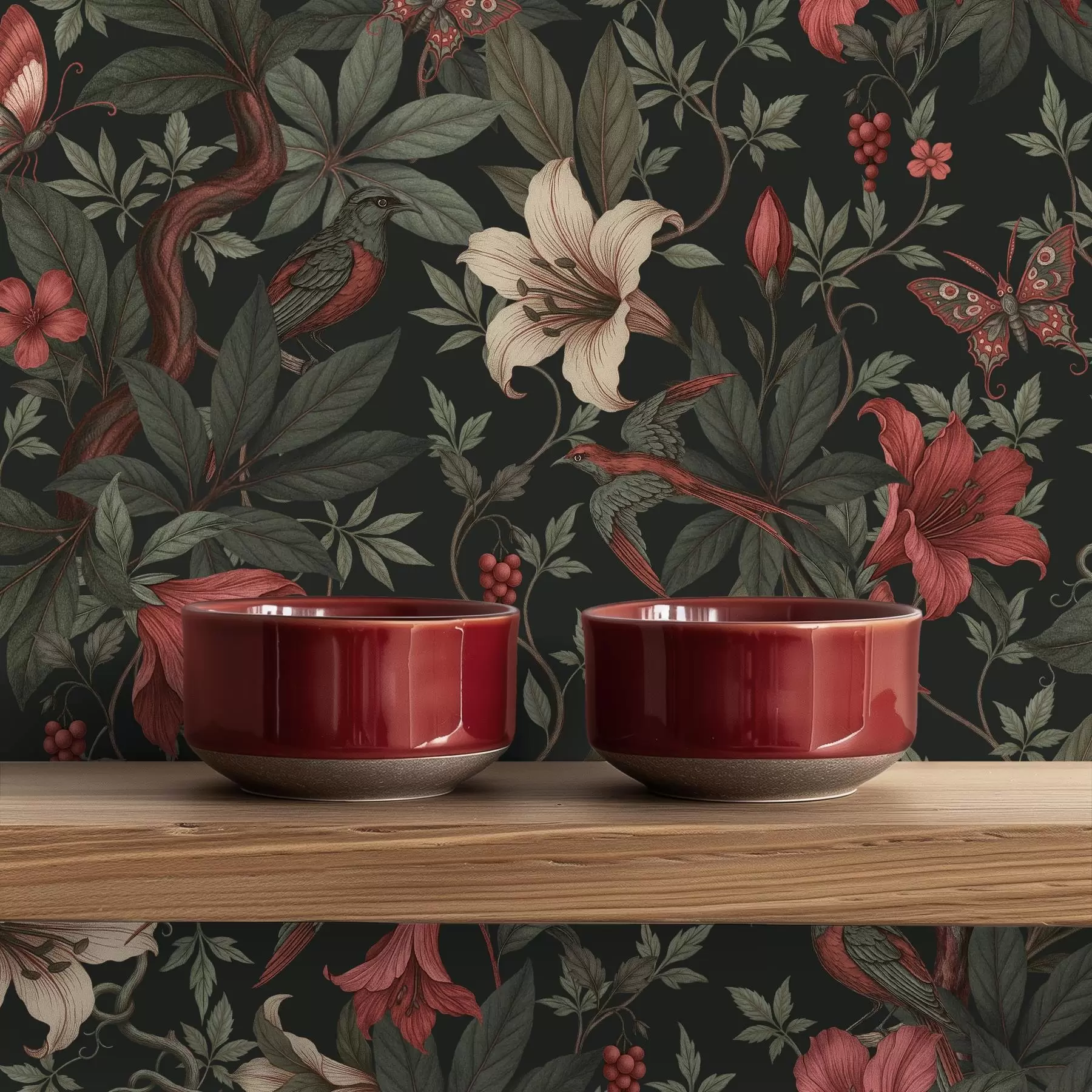 murales de pared Flores oscuras de la selva con pájaros y mariposas a00895