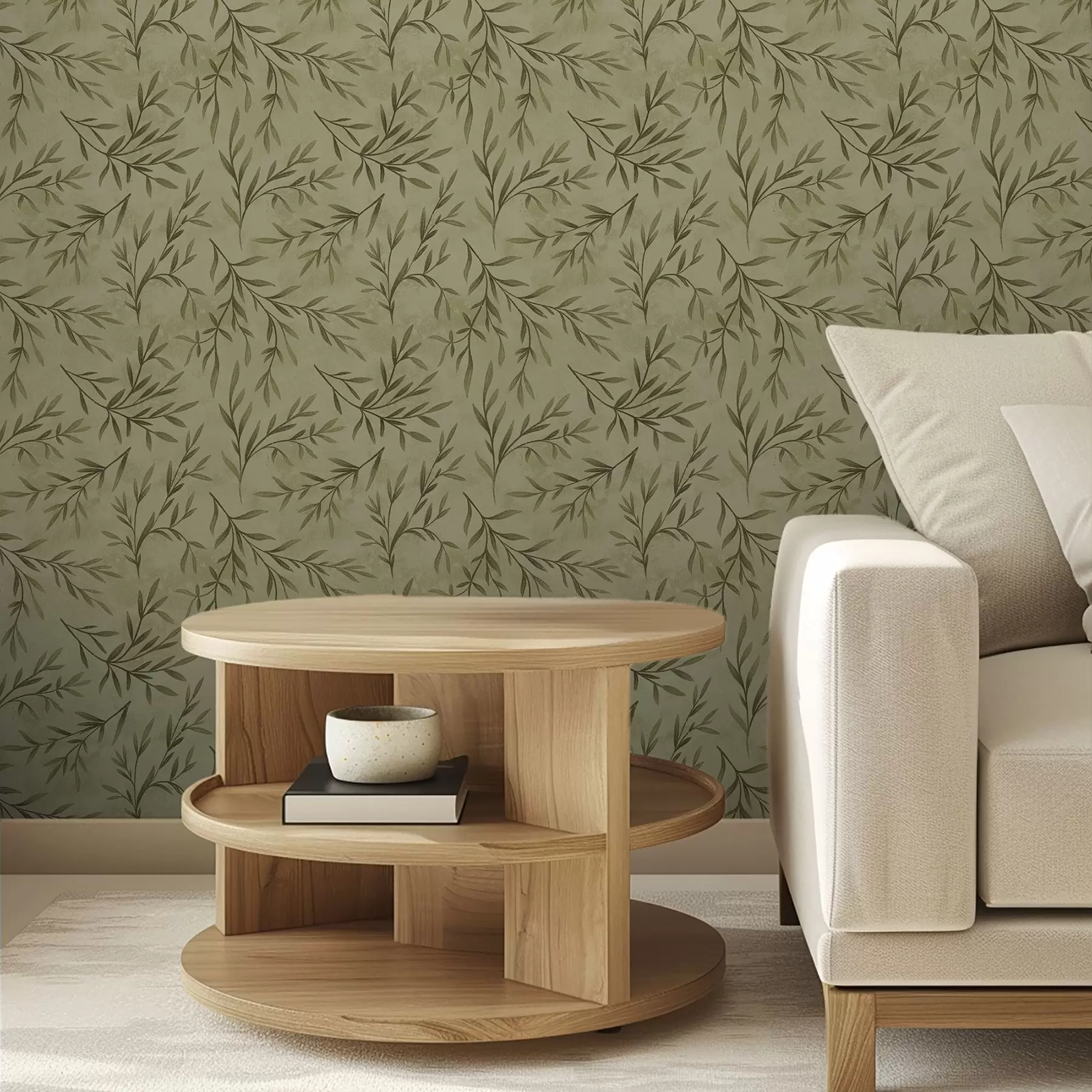 murales de pared Ramitas de olivo sobre un fondo texturizado de color amarillo verdoso apagado a00936