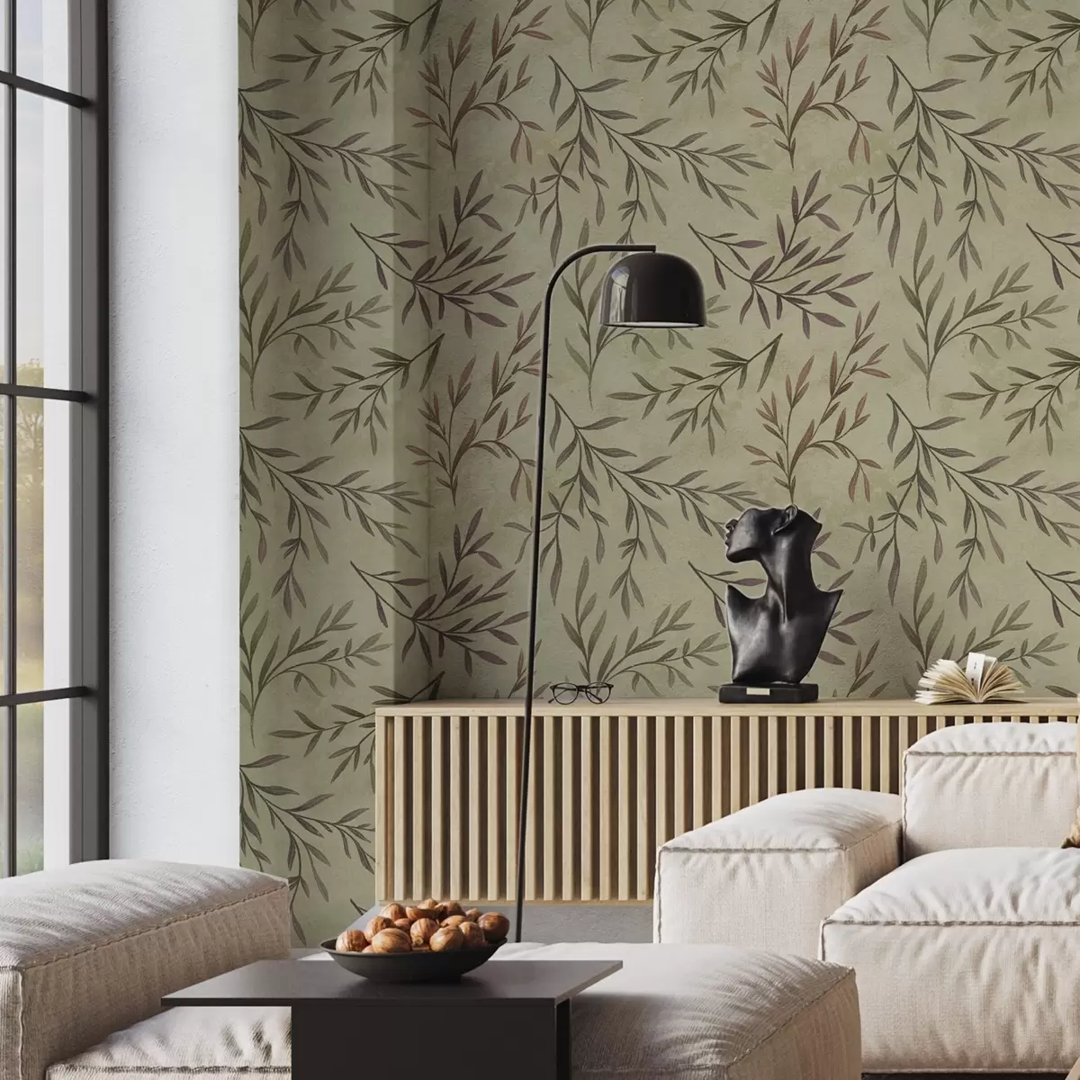 Papel pintado Ramas de lila y verde con hojas sobre un fondo cálido a00936v4