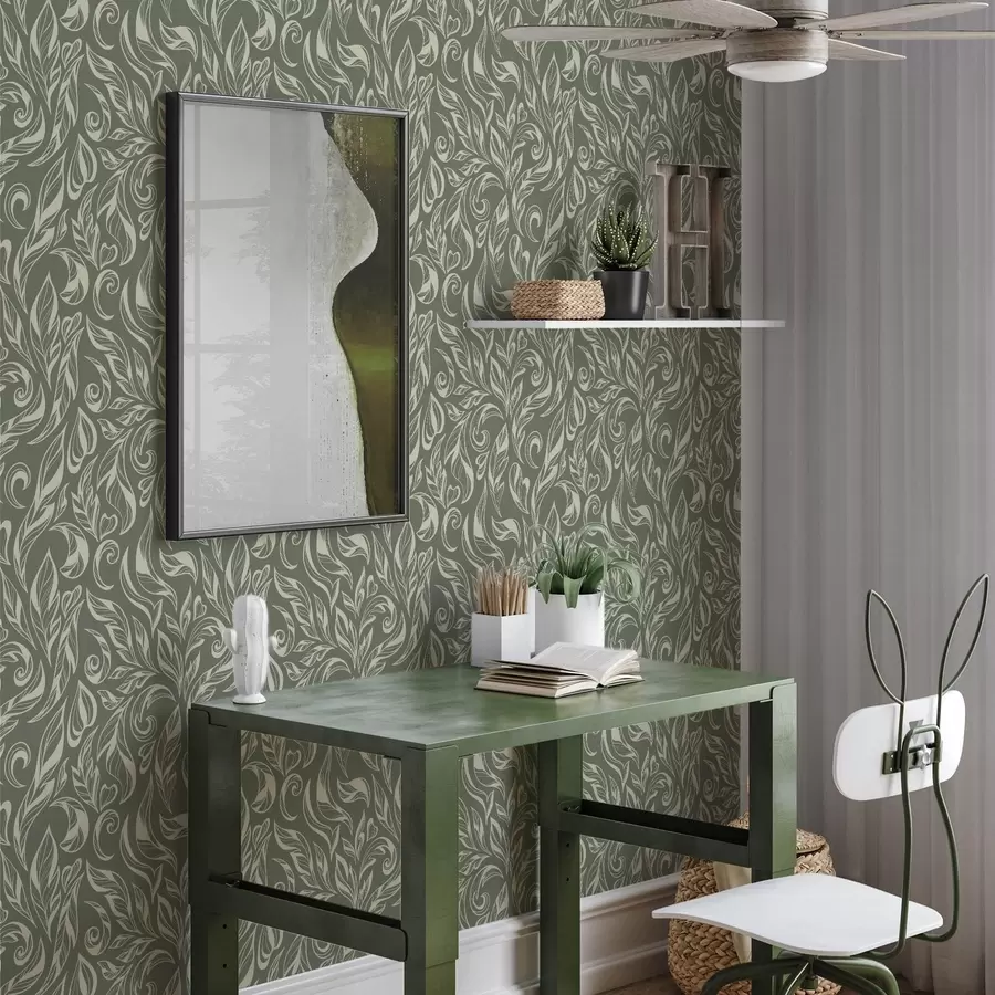 murales de pared Adorno de hojas color crema sobre fondo gris verdoso. a00940v2