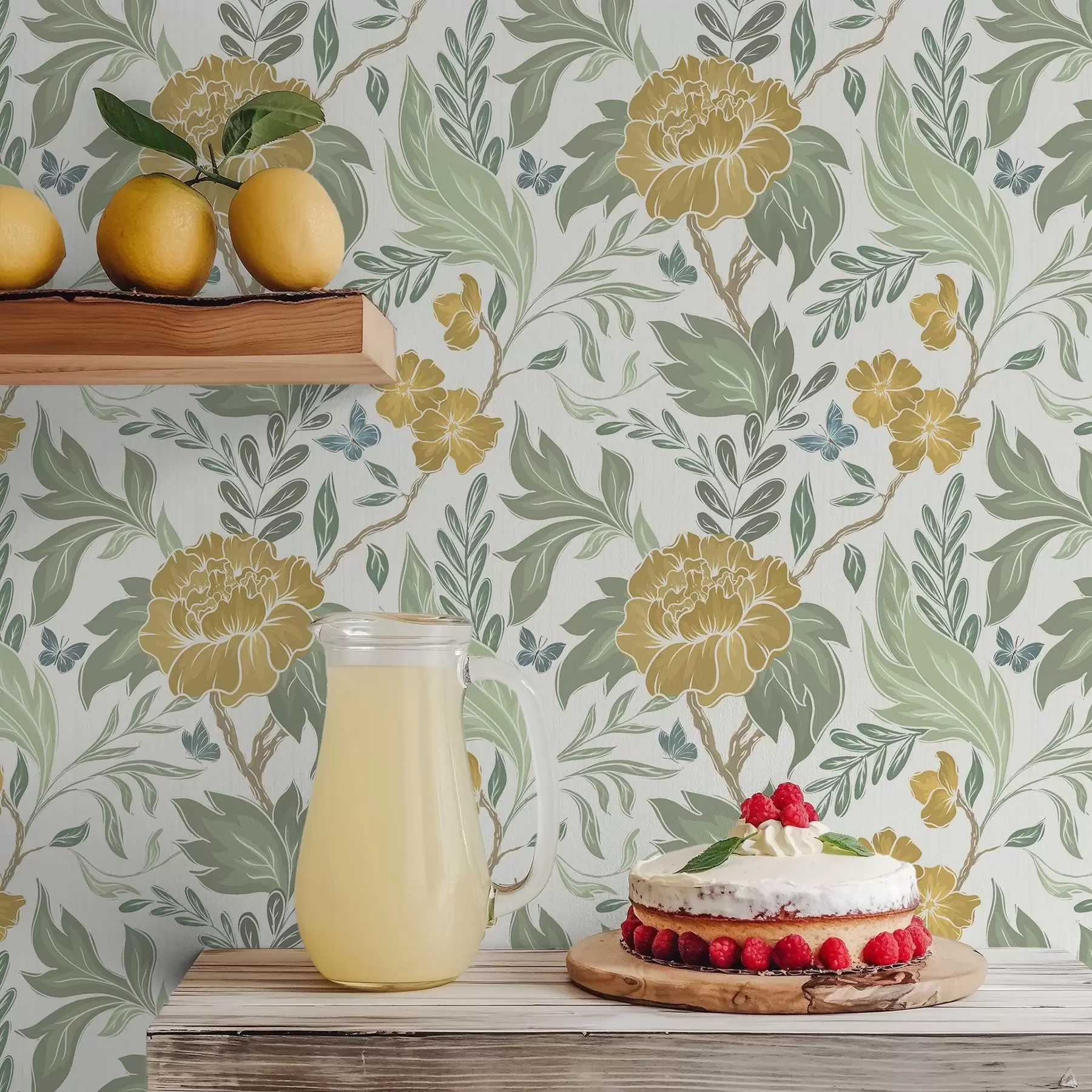 murales de pared Grandes peonías amarillas y vegetación sobre un fondo claro a00941