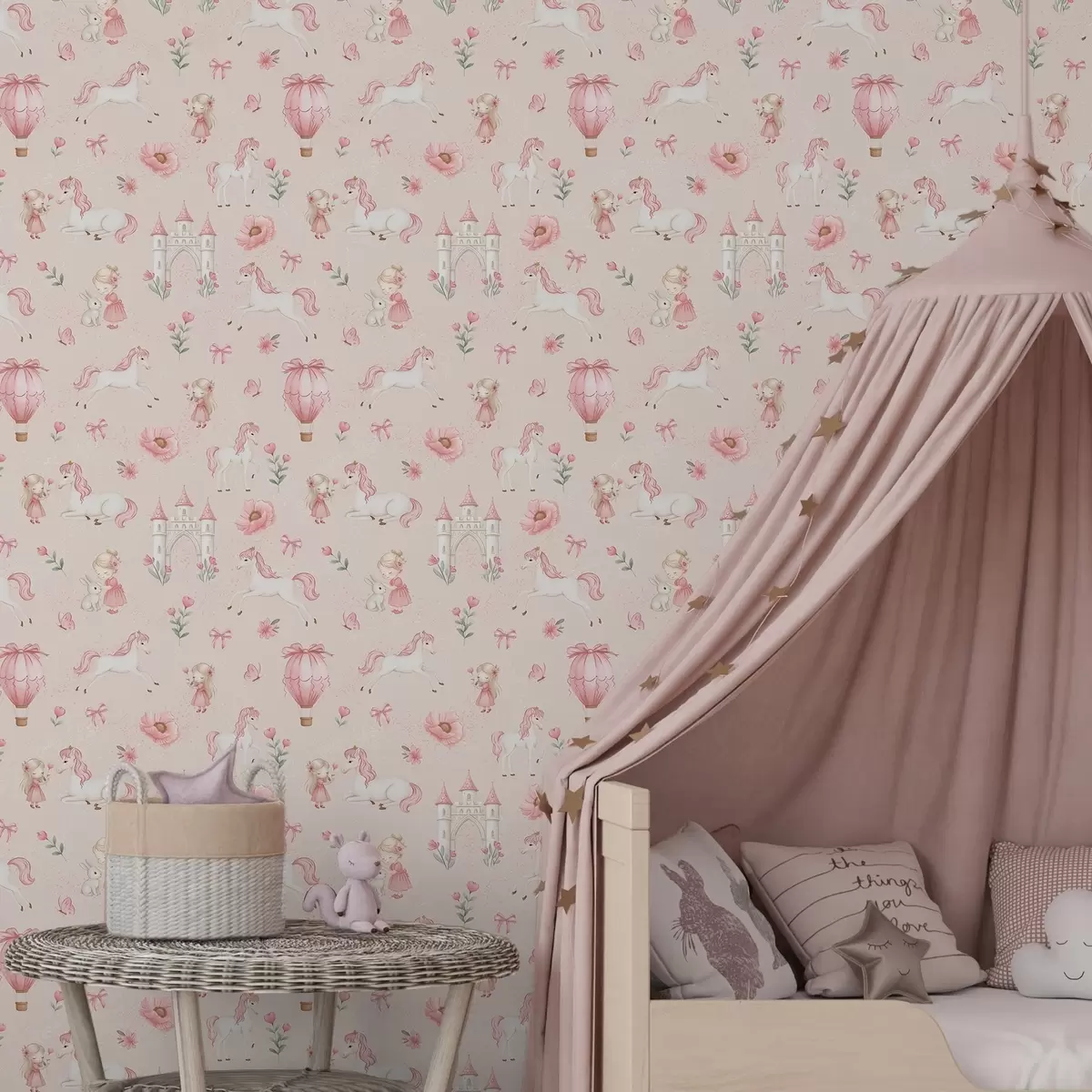 Papel pintado Unicornios rosas, niñas pequeñas y un castillo sobre un fondo suave. a00957