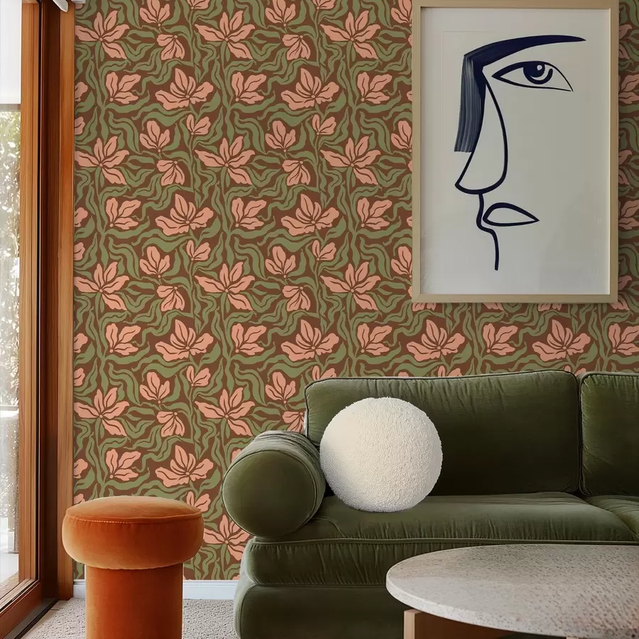 murales de pared Flores de melocotonero y vegetación sobre un fondo marrón oscuro. a00958v2